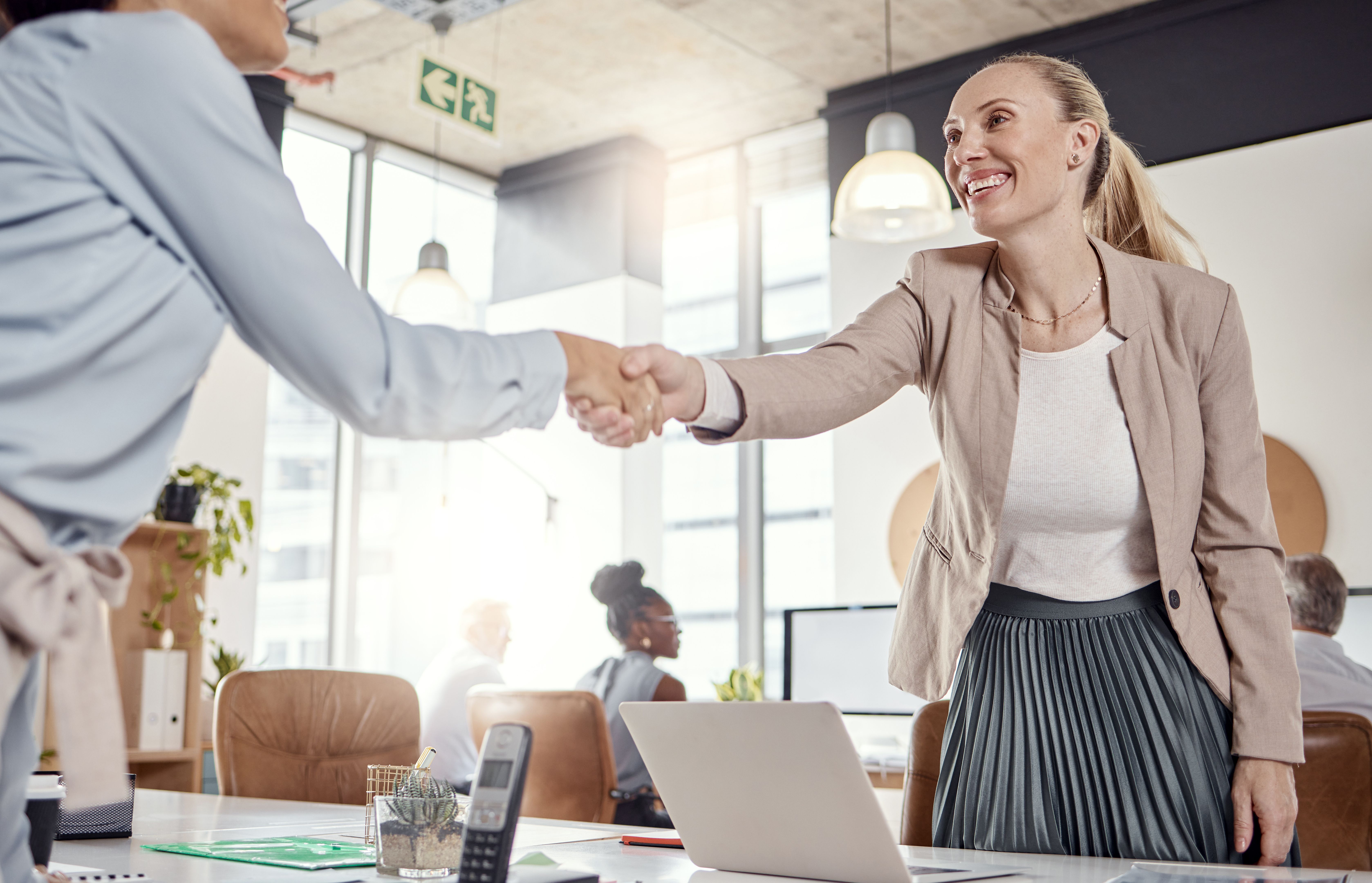 Shot of a young businesswoman shaking hands with her colleague in a modern office