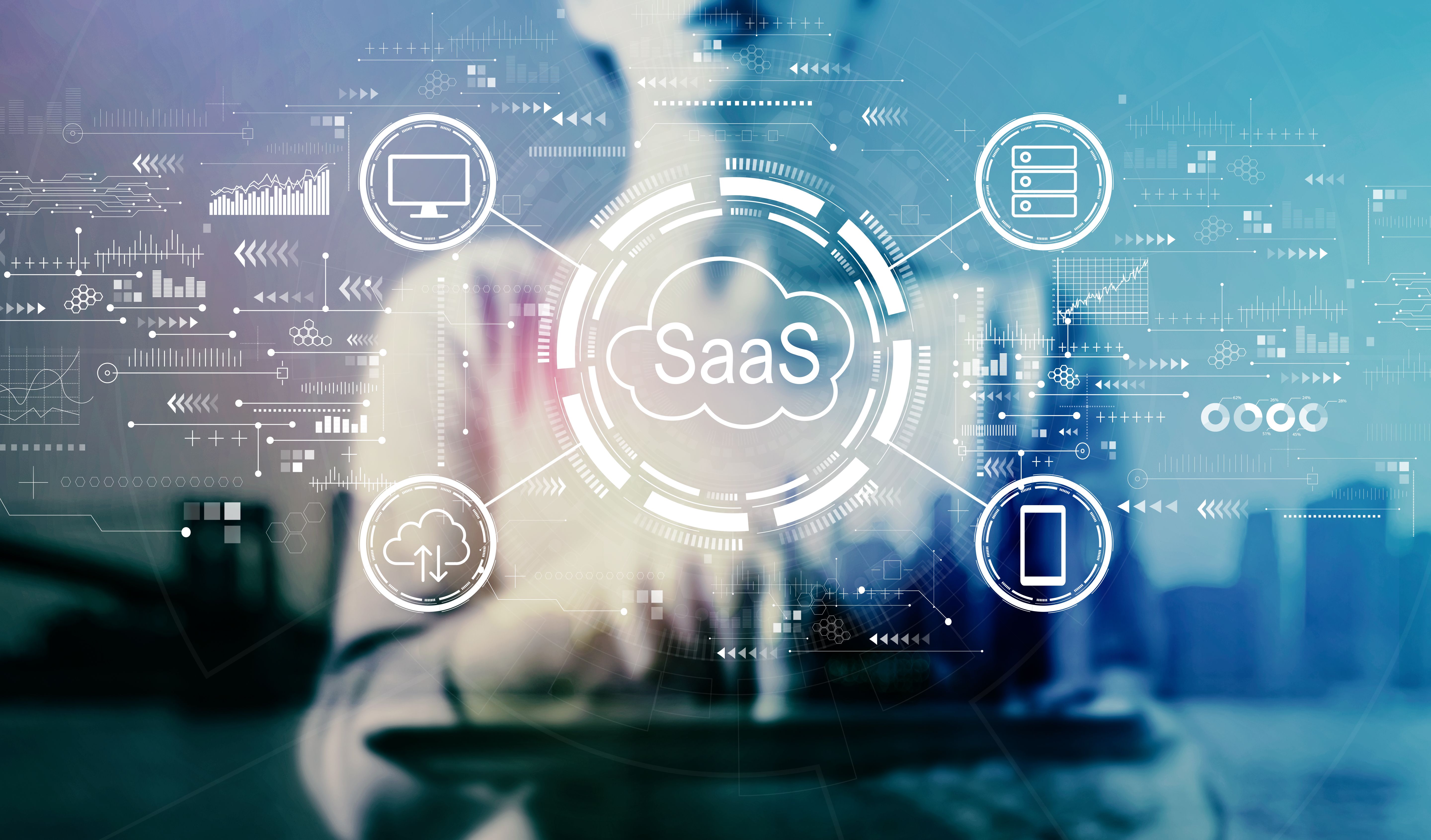 SaaS - software as a service concept with businesswoman using a tablet
