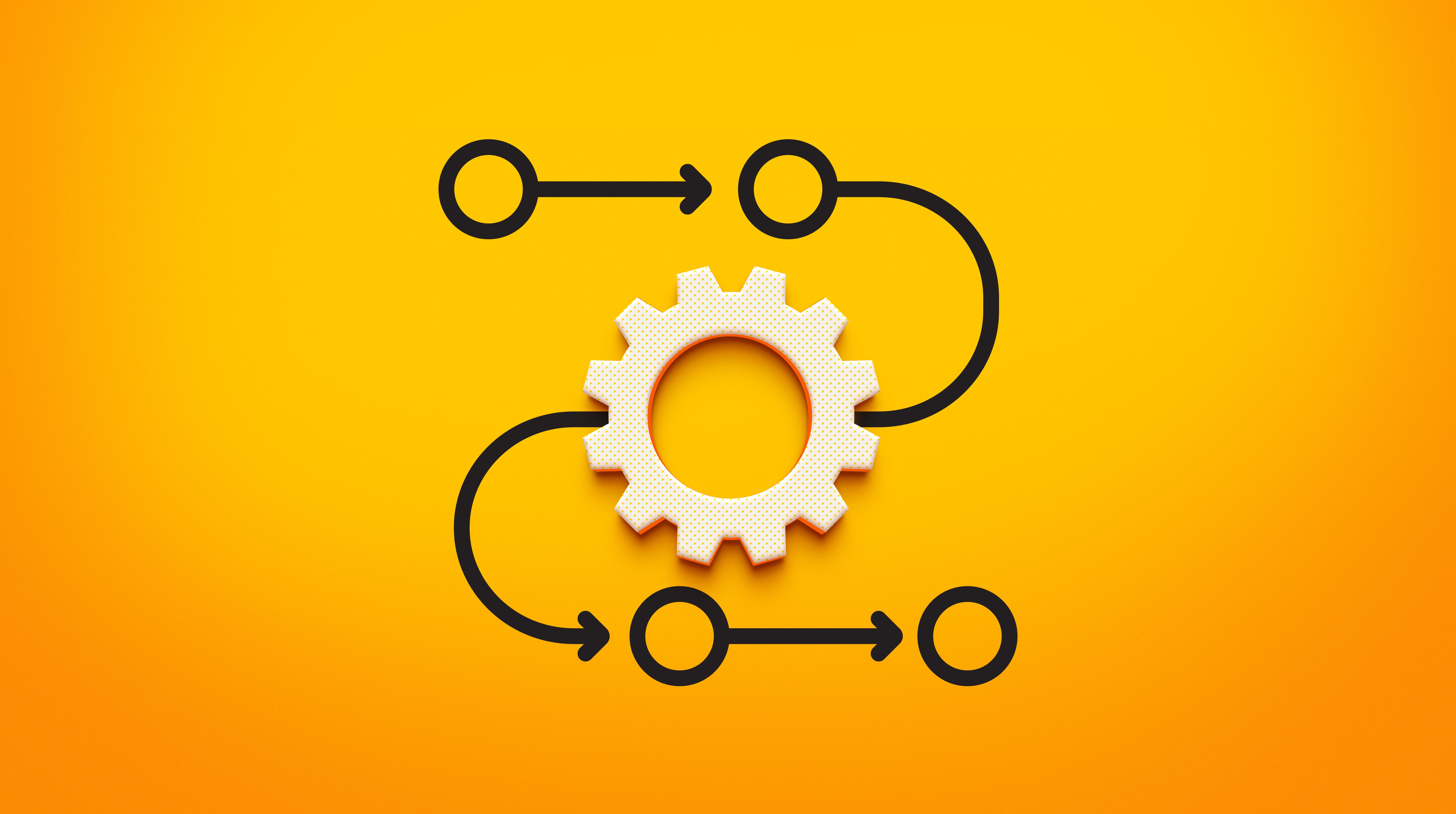 Process Diagram with 3D Gear Icon Centered Among Sequential Circular Steps – 3D Rendering. Process Diagram with 3D Gear Icon Centered Among Sequential Circular Steps – 3D Rendering.