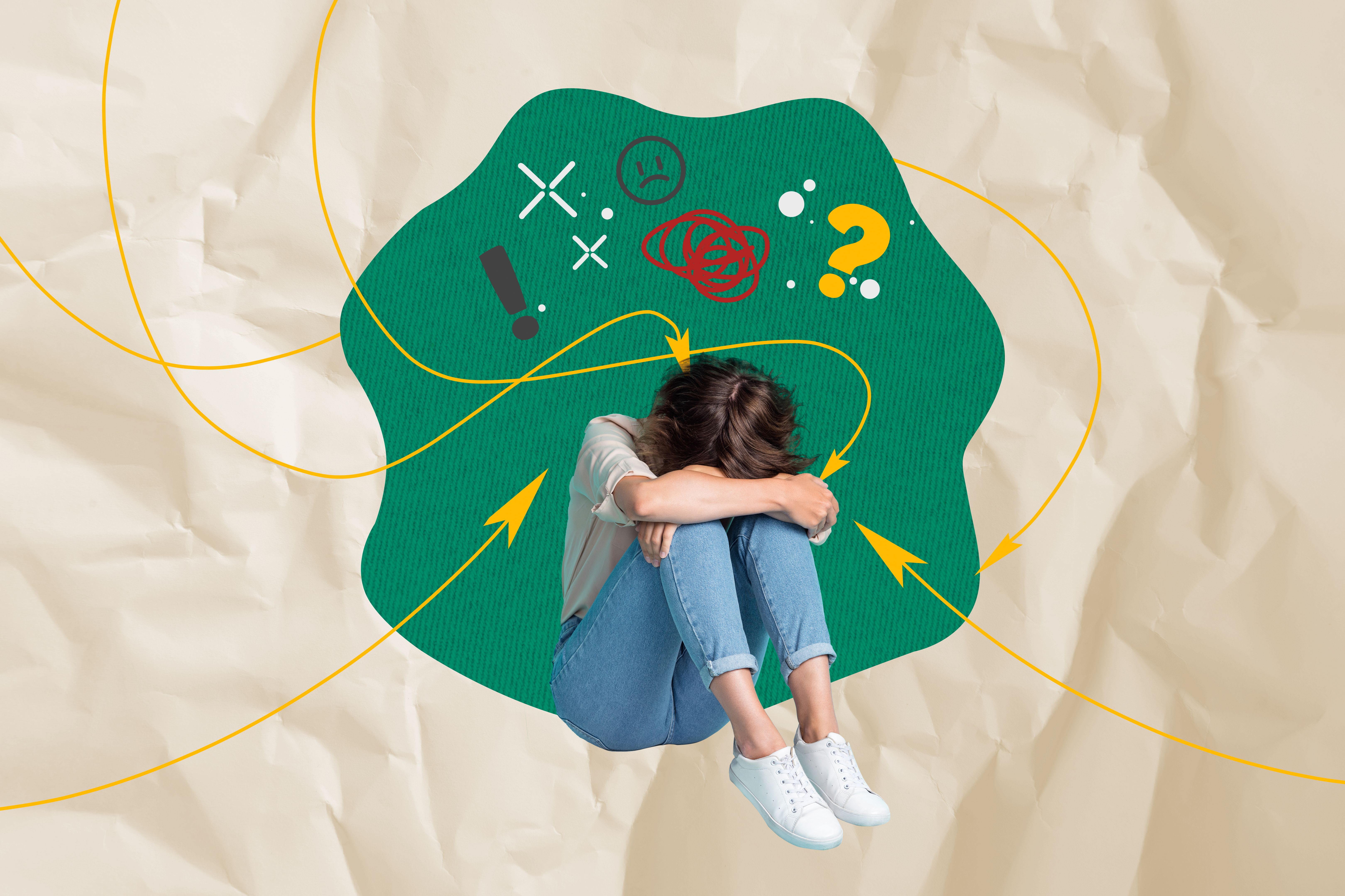 Trend artwork image photo collage of copyspace young woman sad bad mood sit cover face arrow point lady think question mind brainstorming Trend artwork image photo collage of copyspace young woman sad bad mood sit cover face arrow point lady think question mind brainstorming