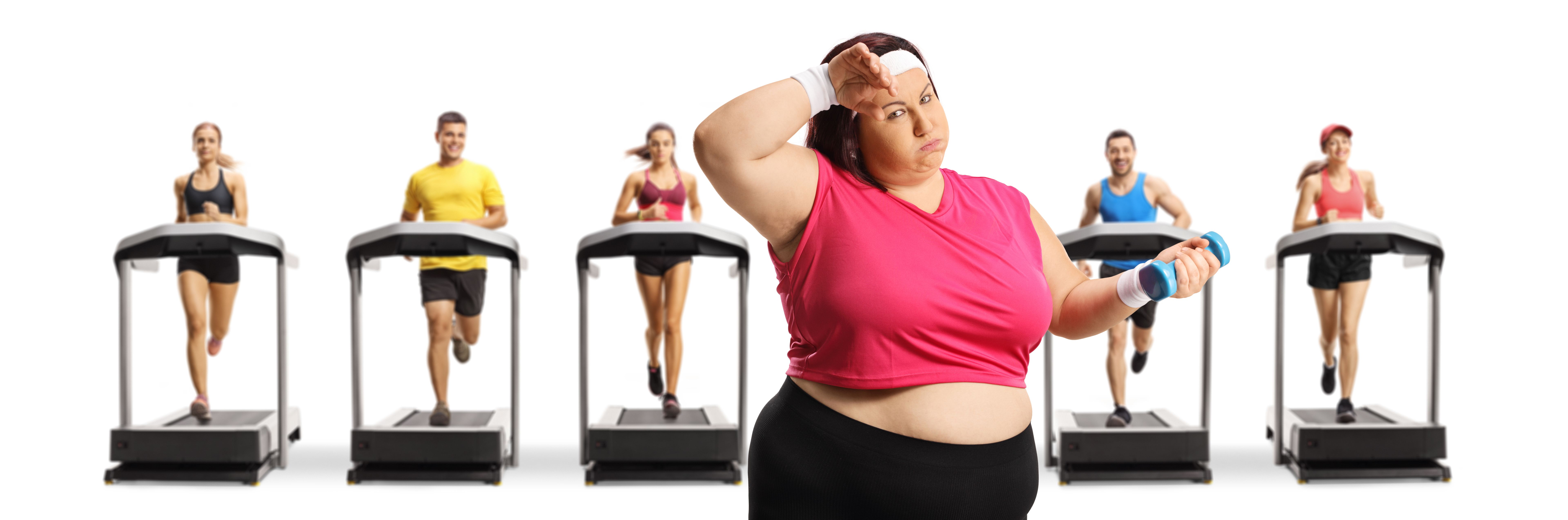 Tired corpulent woman holding a dumbbell and people running on treadmills Tired corpulent woman holding a dumbbell and people running on treadmills