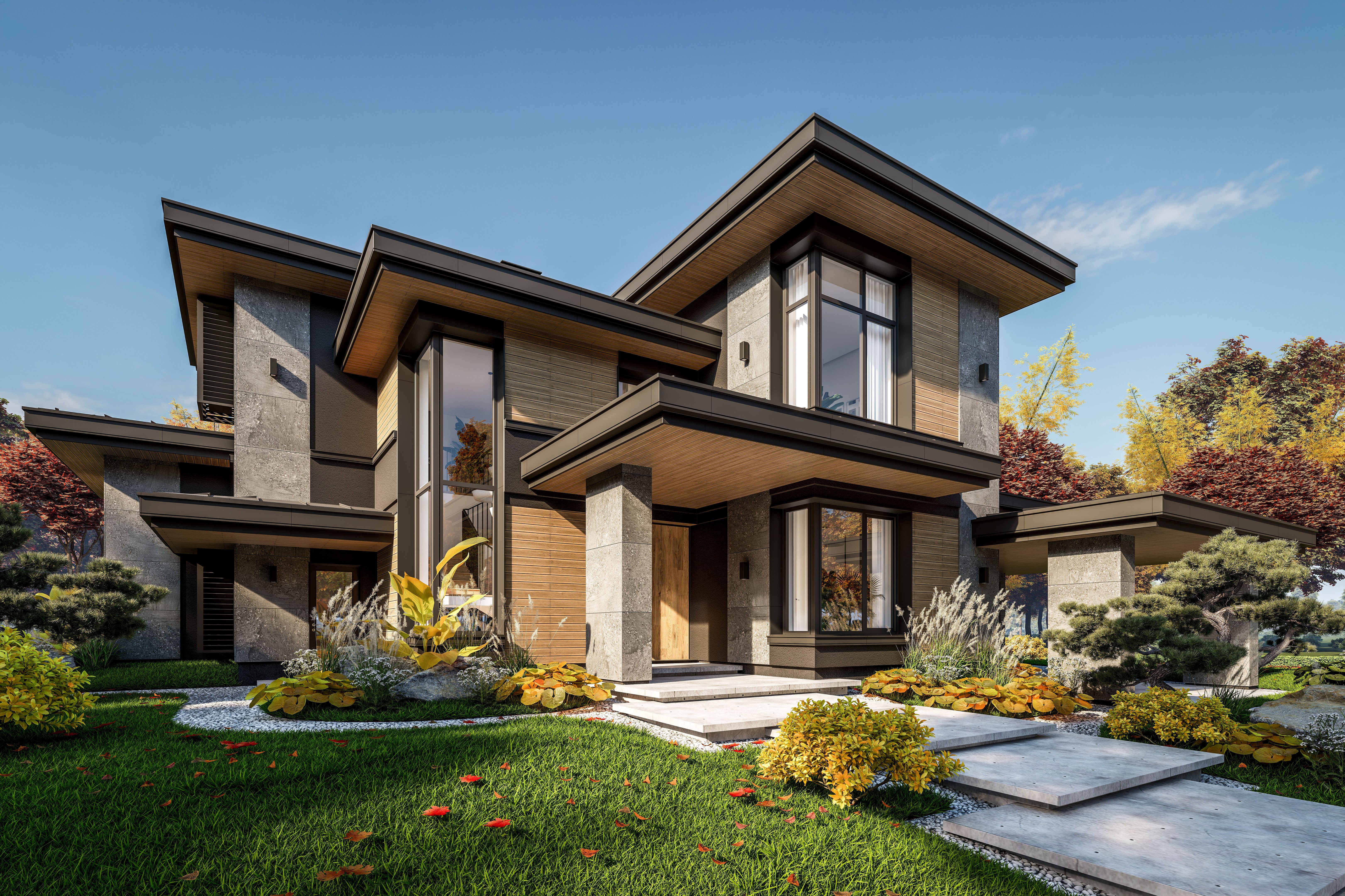 3d rendering of modern two story house with gray and wood accents daylight in autumn day