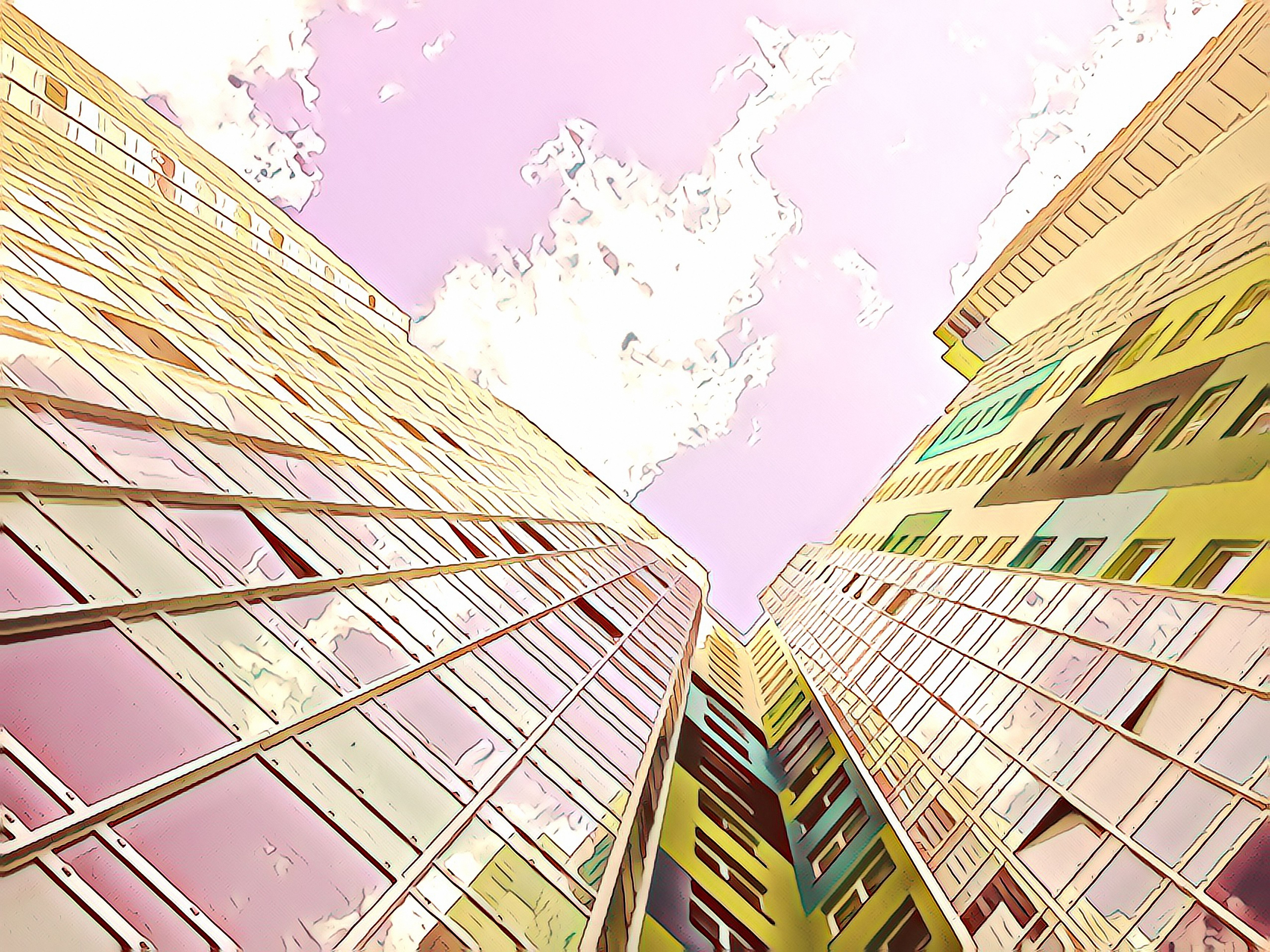 Modern building. View from bottom up. Skyscraper reaches for clouds Modern building. View from bottom up. Skyscraper reaches for clouds