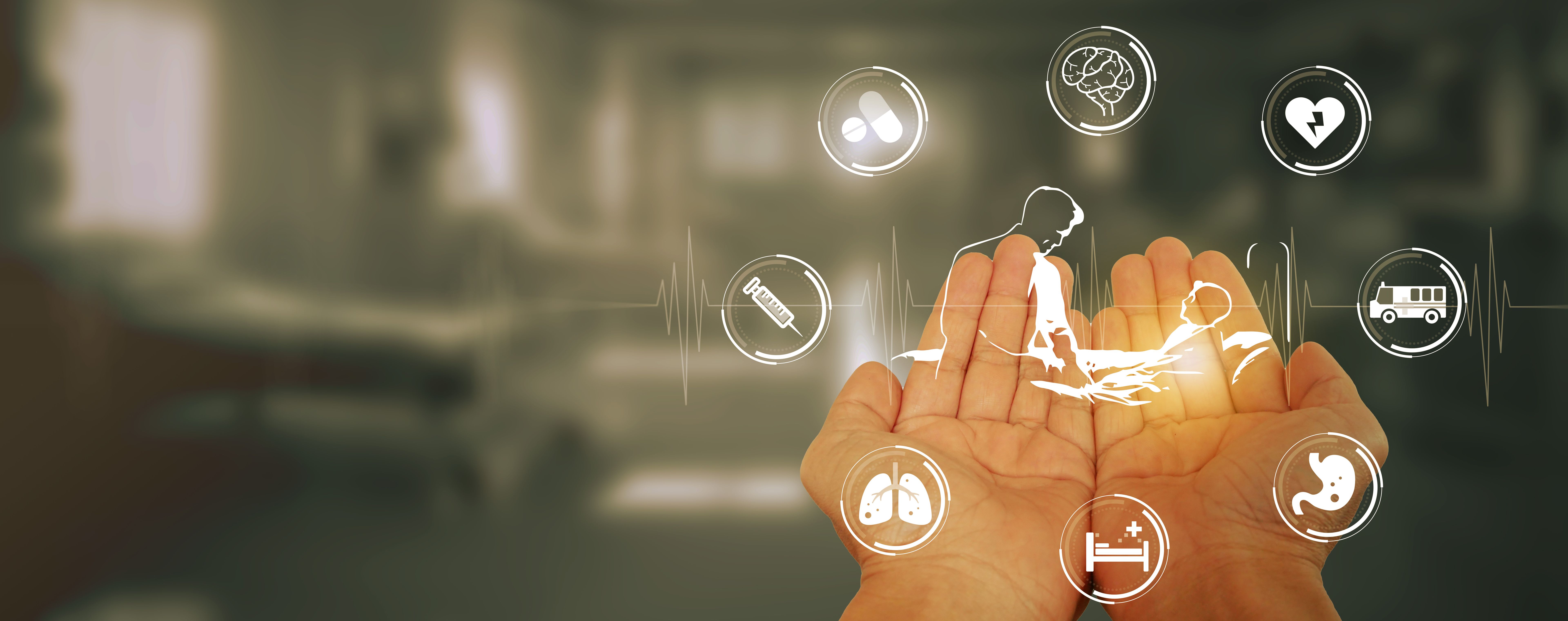 Patient Centered or Person-Centered Approach: Hands with Doctor and Patient Talking Surrounded by Medical and Healthcare Icons. Collaborative Care with Healthcare Professionals.