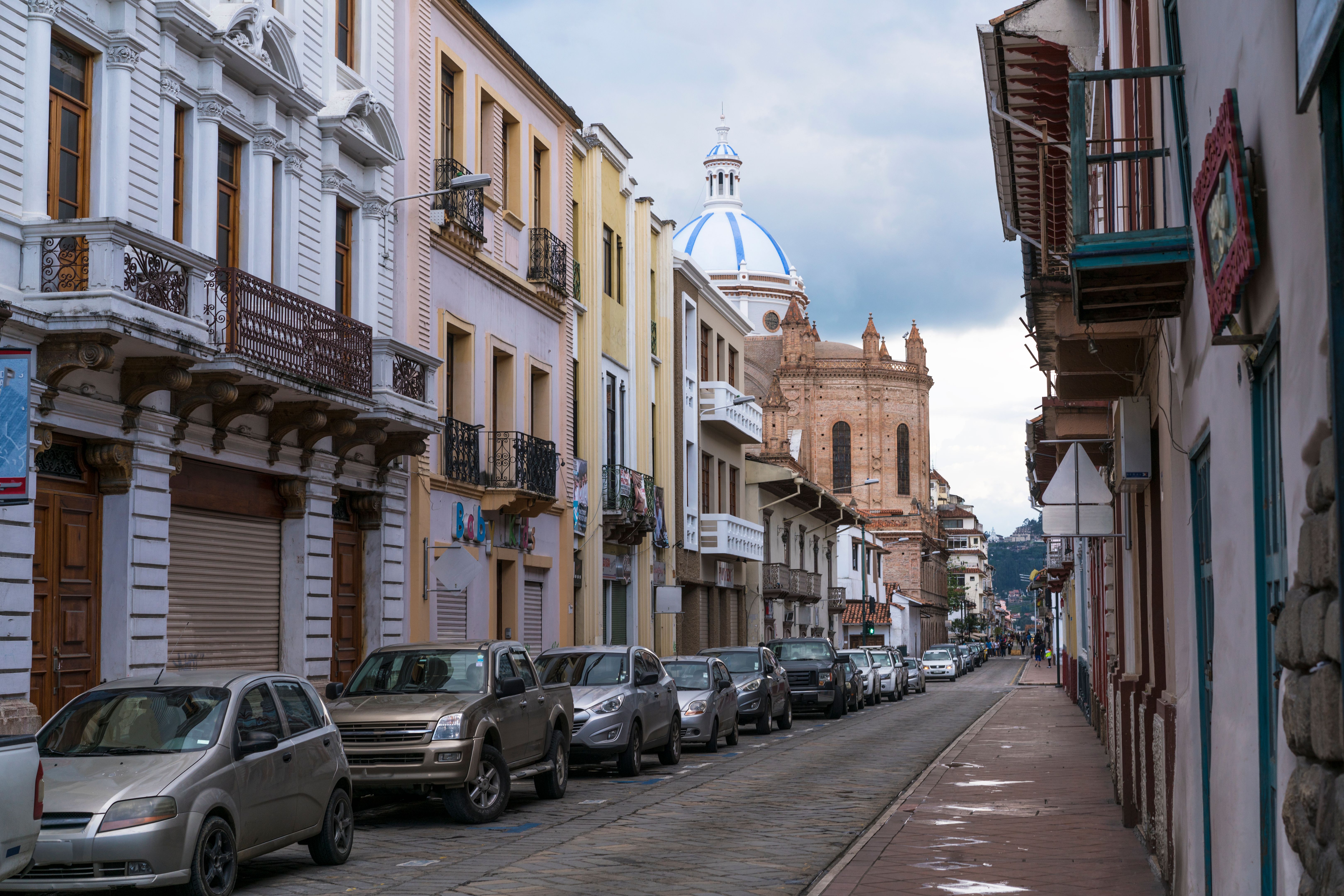 Traditional street in downtown Cuenca town, Ecuador