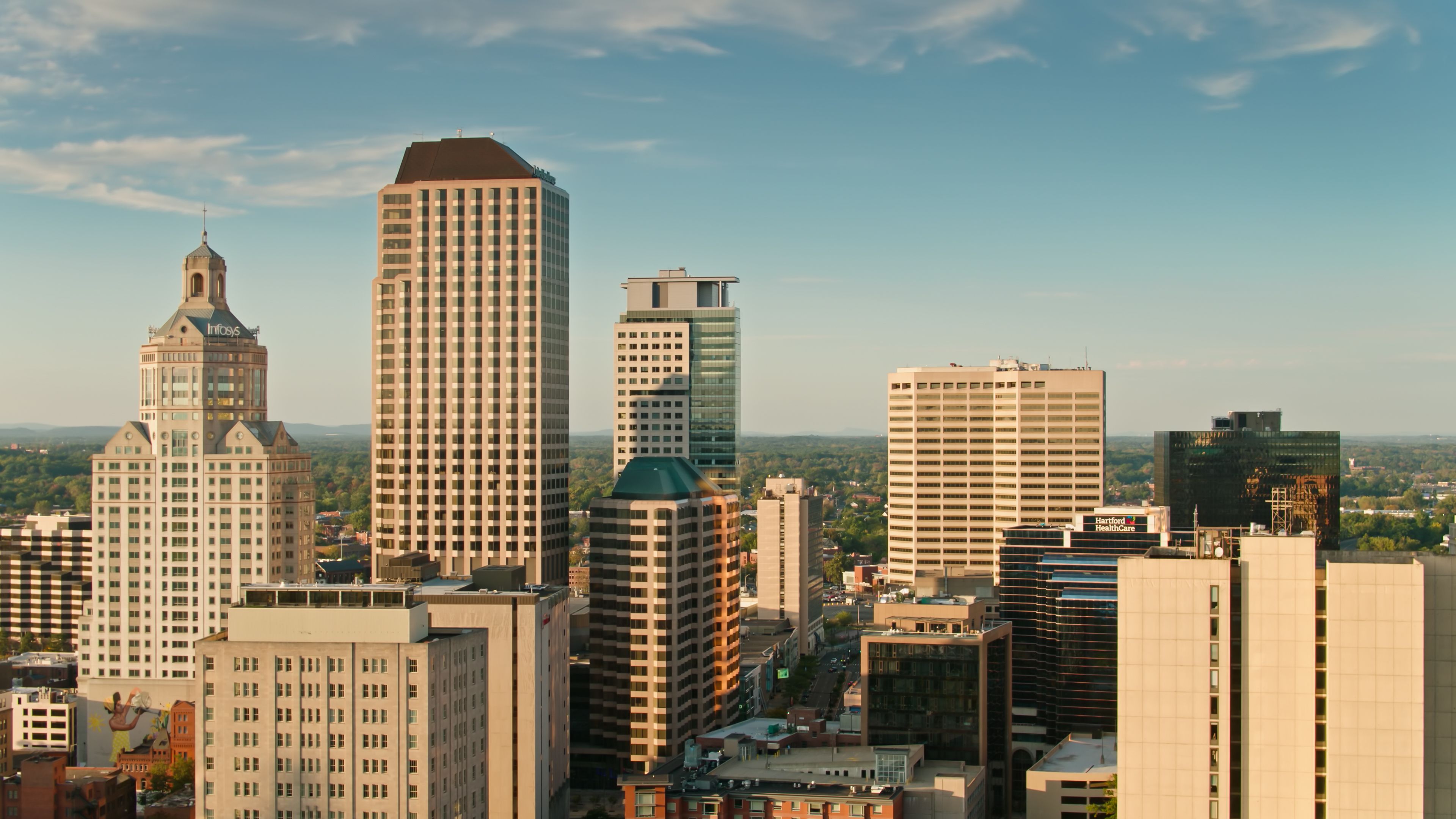 Office Buildings in Hartford, Connecticut at Sunset - Aerial Office Buildings in Hartford, Connecticut at Sunset - Aerial