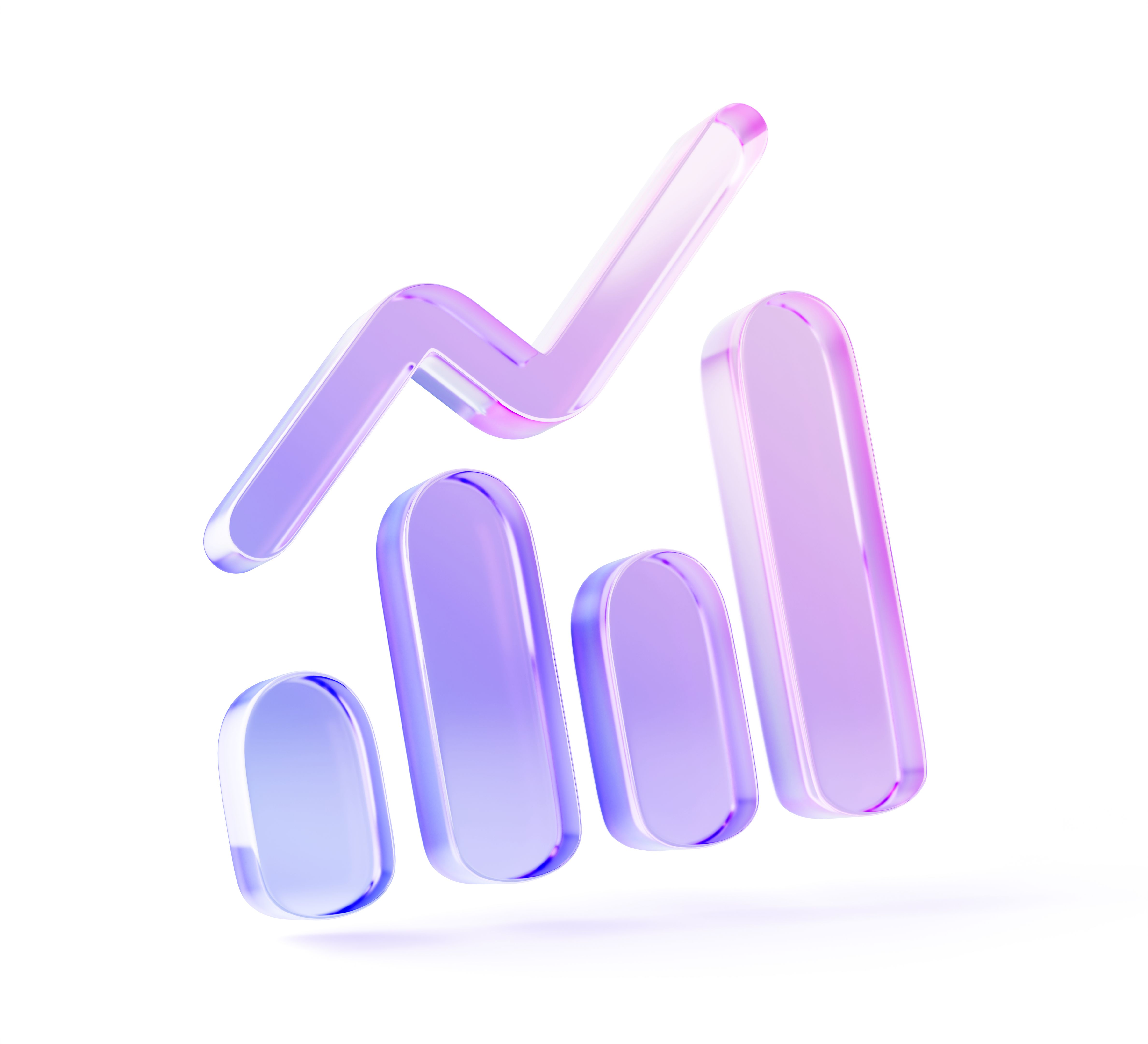 Glashologramm-Balkendiagramm oder Diagramm-3D-Symbol für die digitale Präsentation von Statistik- und Analysedaten. Kristallgradientendiagramm mit Wachstumslinie für Bericht, Finanzen oder Geschäftsanalyse