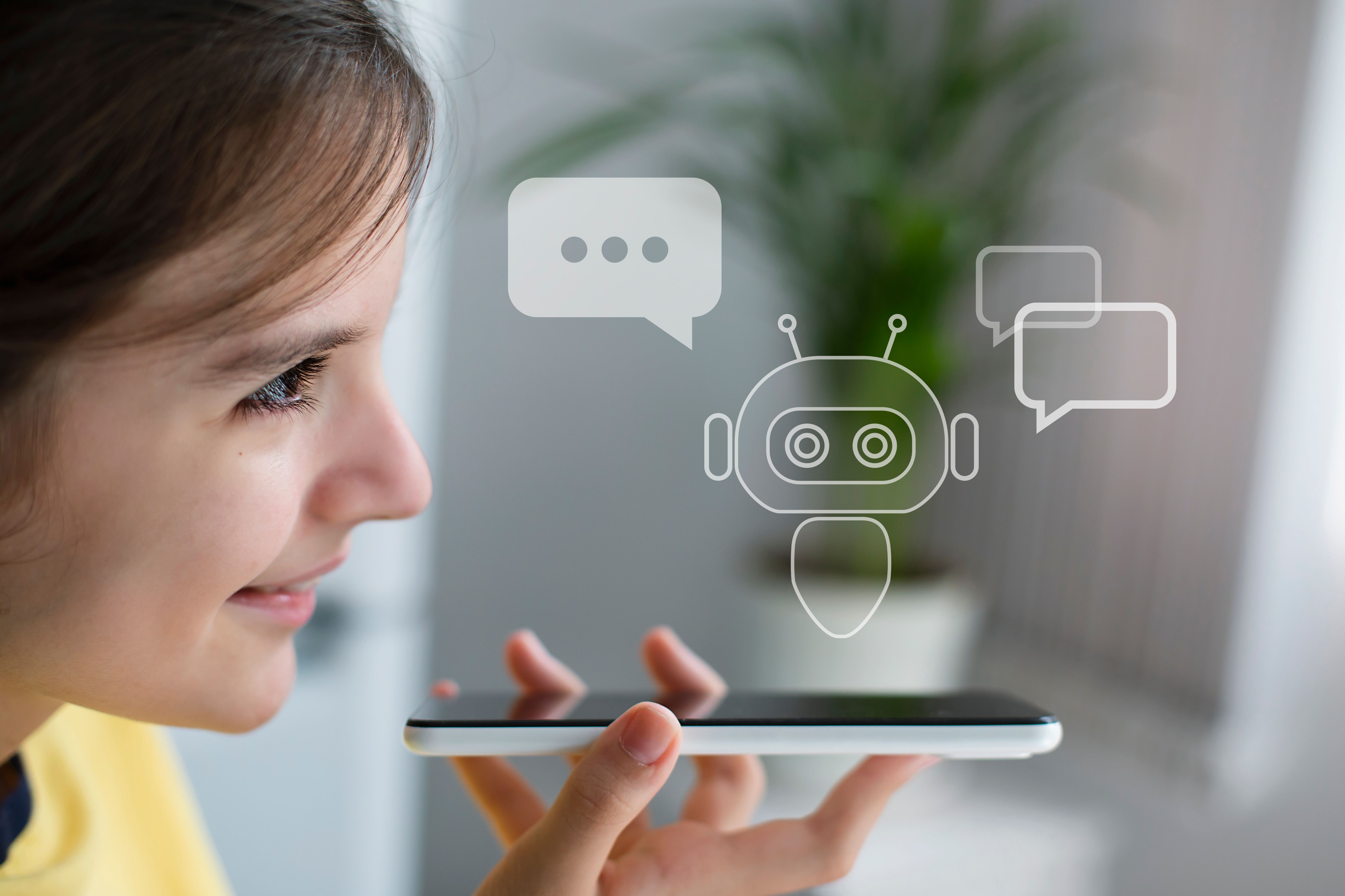 Smiling girl using system AI Chatbot in computer or mobile application. Chatbot conversation, Ai Artificial Intelligence technology. OpenAI generate. Futuristic technology. Virtual assistant on internet