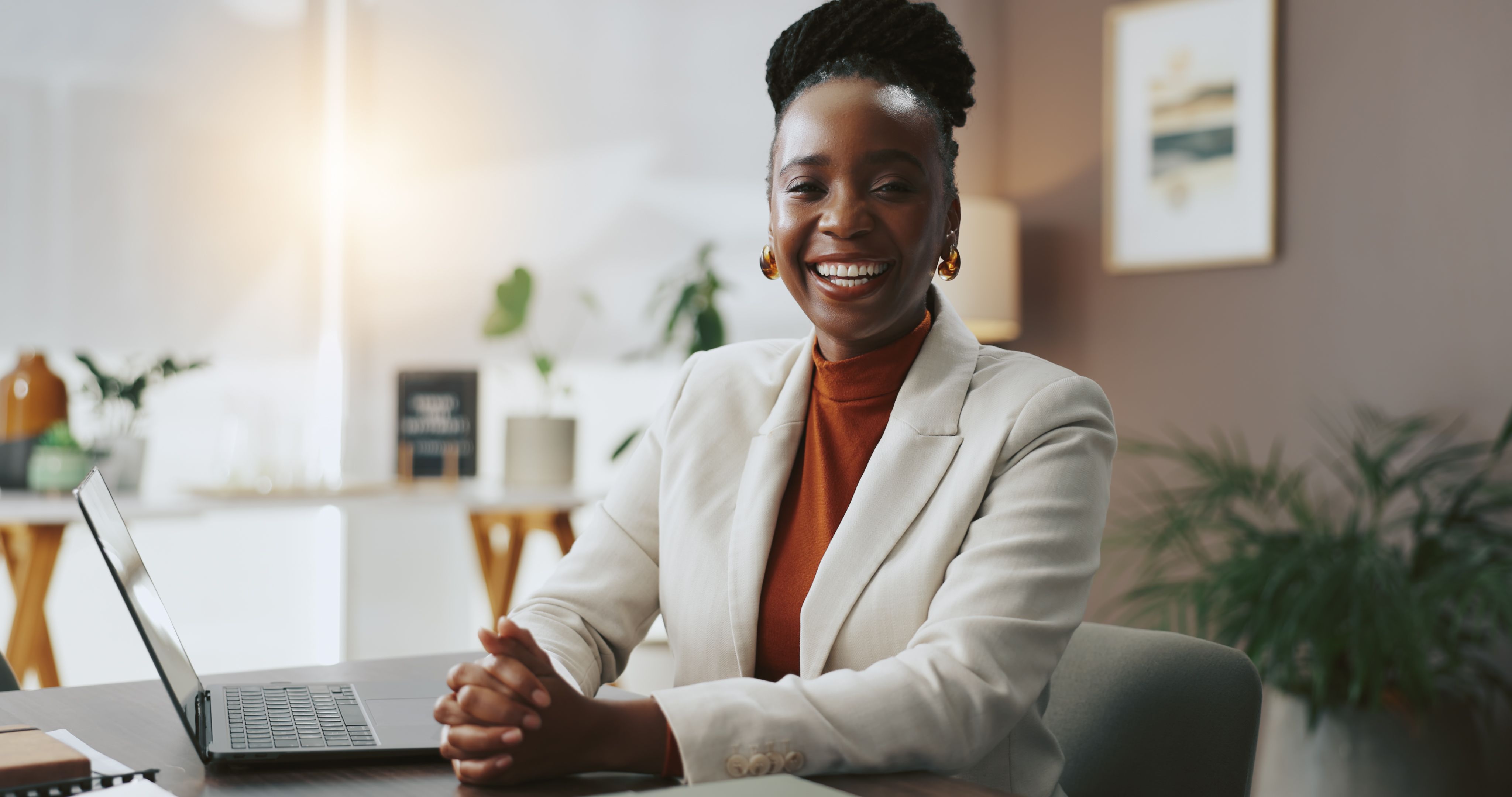 Office, black woman and smile in portrait for law firm, professional case and lawyer for legal aid. Happy, female person and attorney with confidence for corporate business, court justice or about us