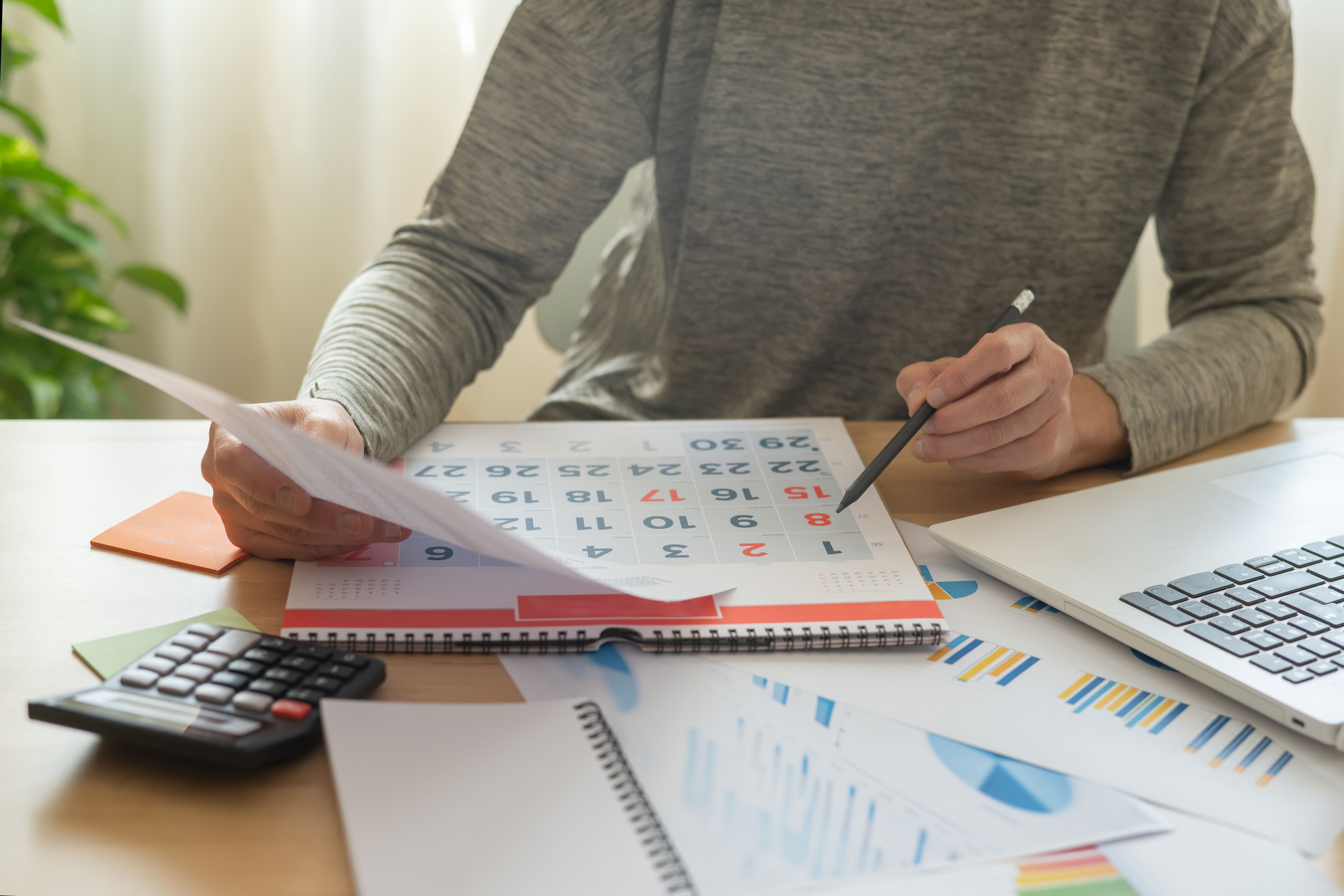 Business Person Looking At Calendar To Check: Deadline, Business Invoices, Client Appointments, Co-worker Meeting