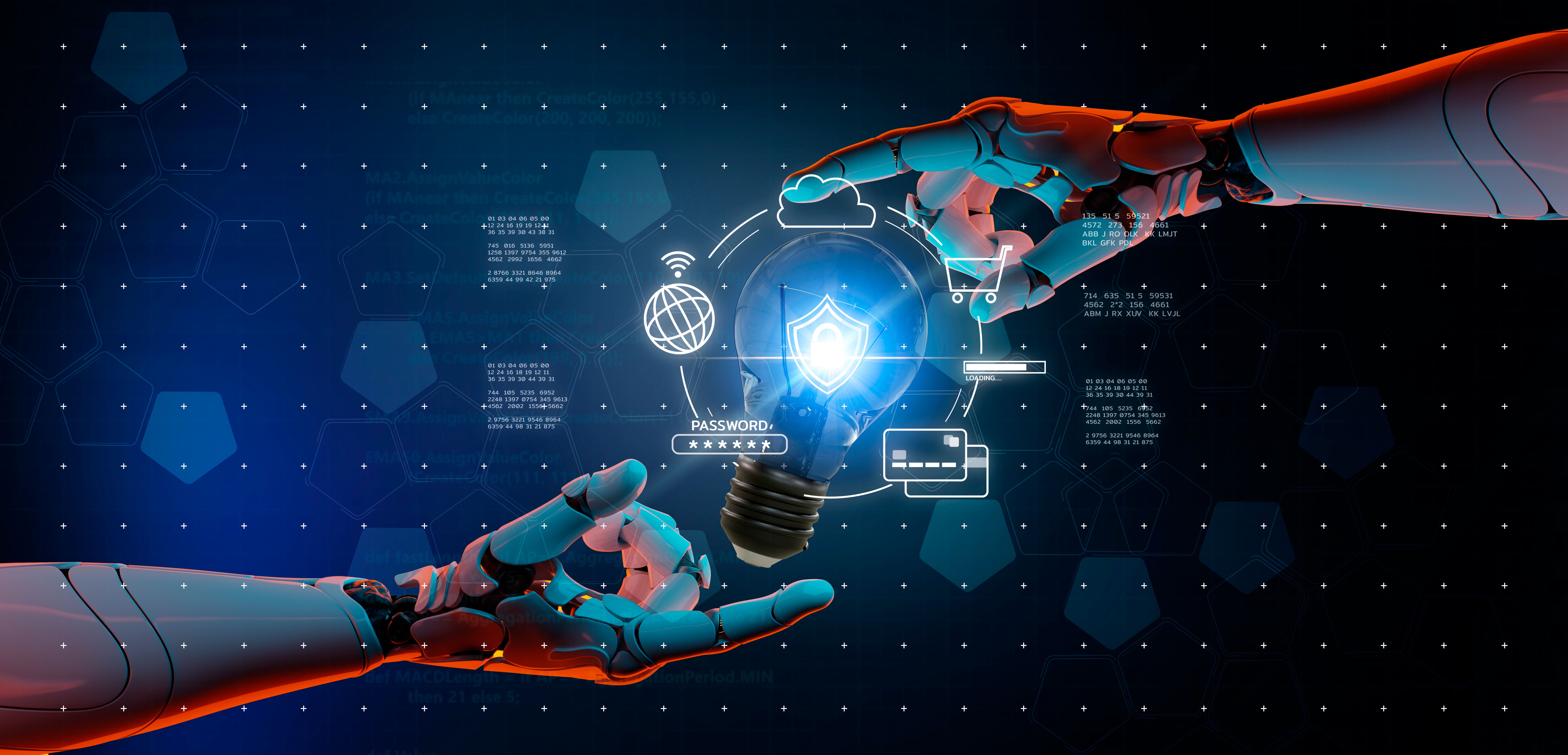 Cybersecurity digital network systems VPN computer security shield icon. AI Information technology protected firewall, secure access and encryption against cyber attacks, 3D robot's hand connect futuristic abstract background