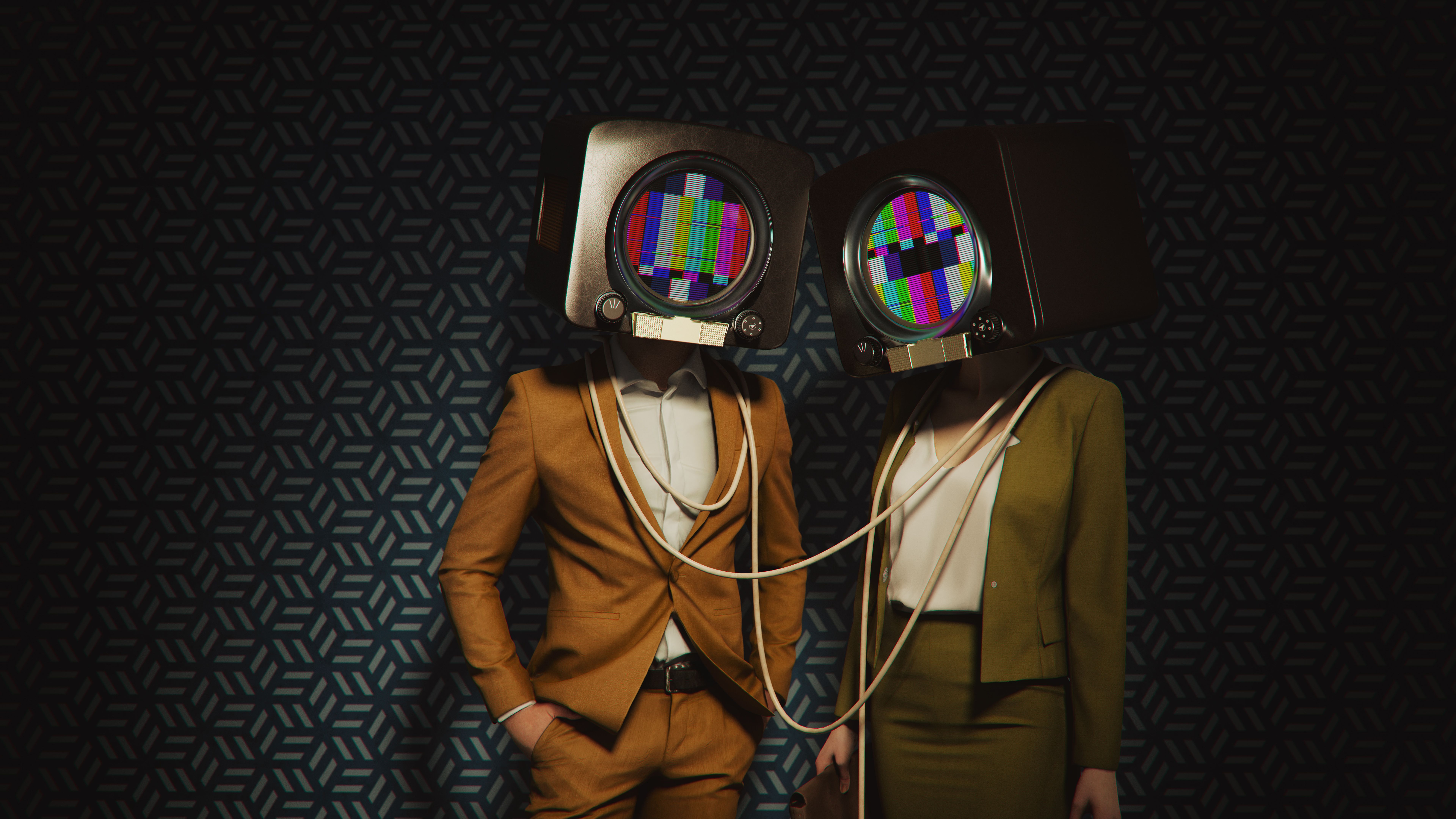 People with TV sets over their heads People with TV sets over their heads