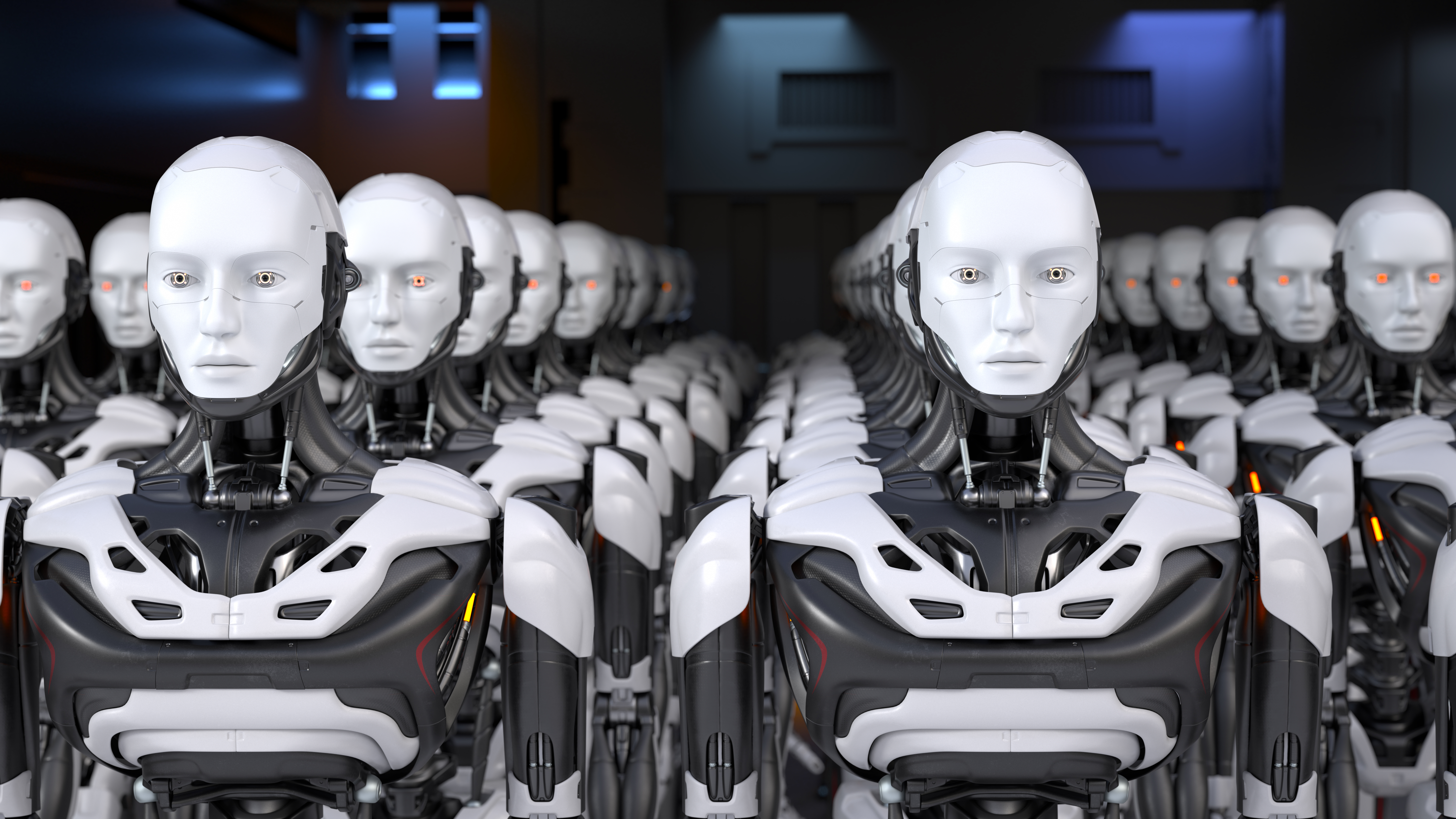 Army of robot workers standing in a row