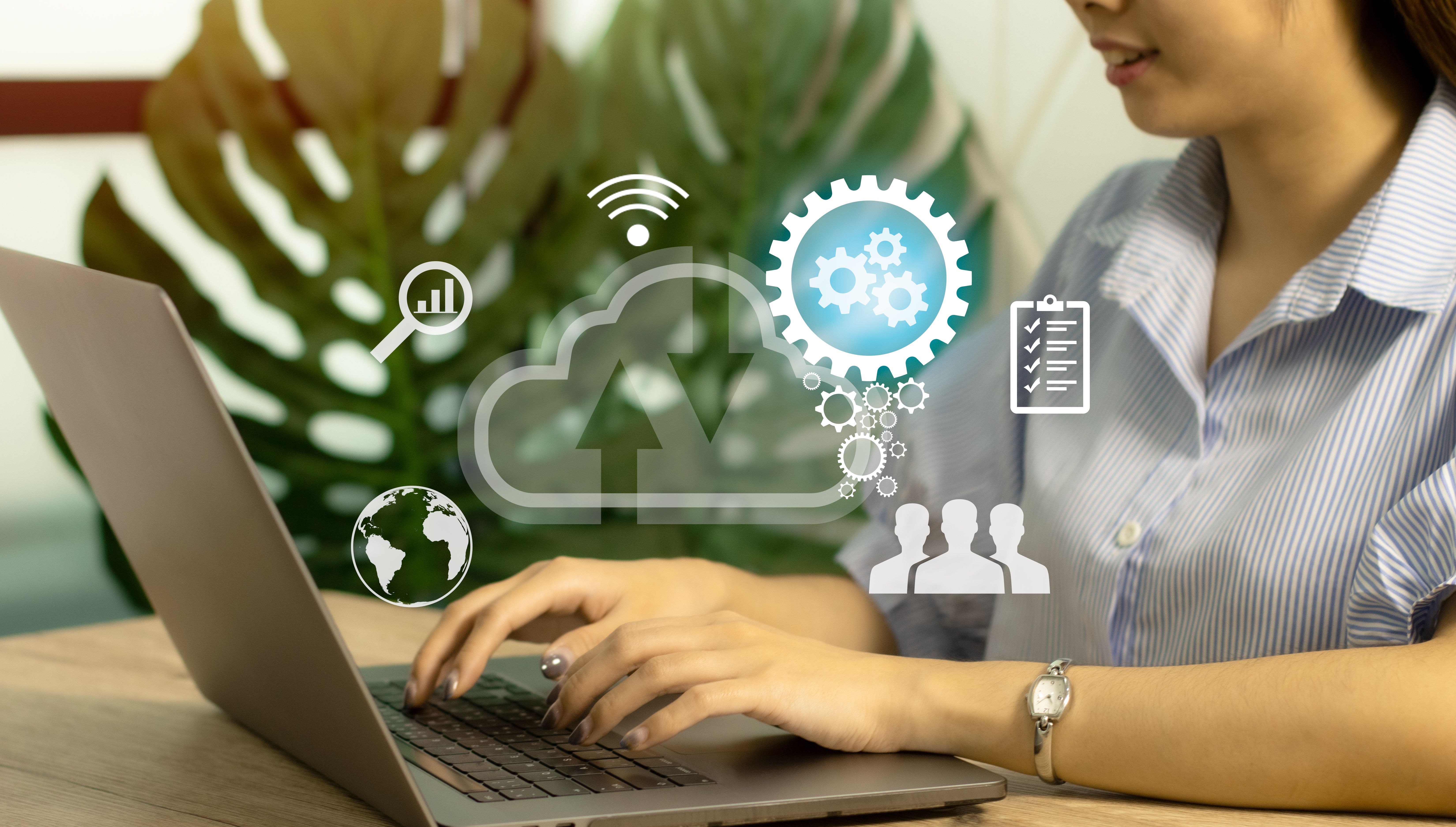 Cloud computing technology and online data storage for business network concept. Businesswoman using laptop computer connects to internet server service for cloud data.