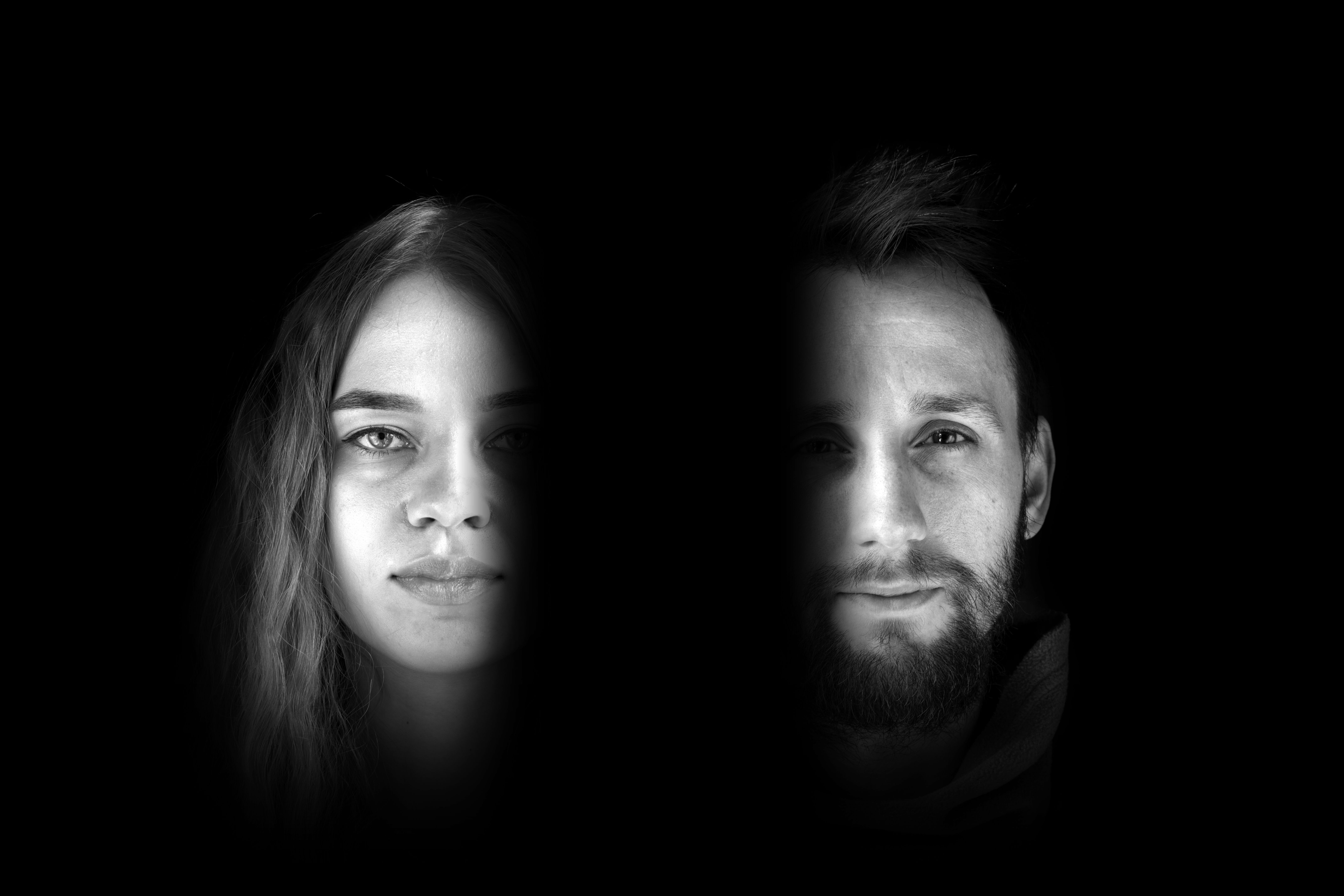 Monochrome half portraits of caucasian men and women