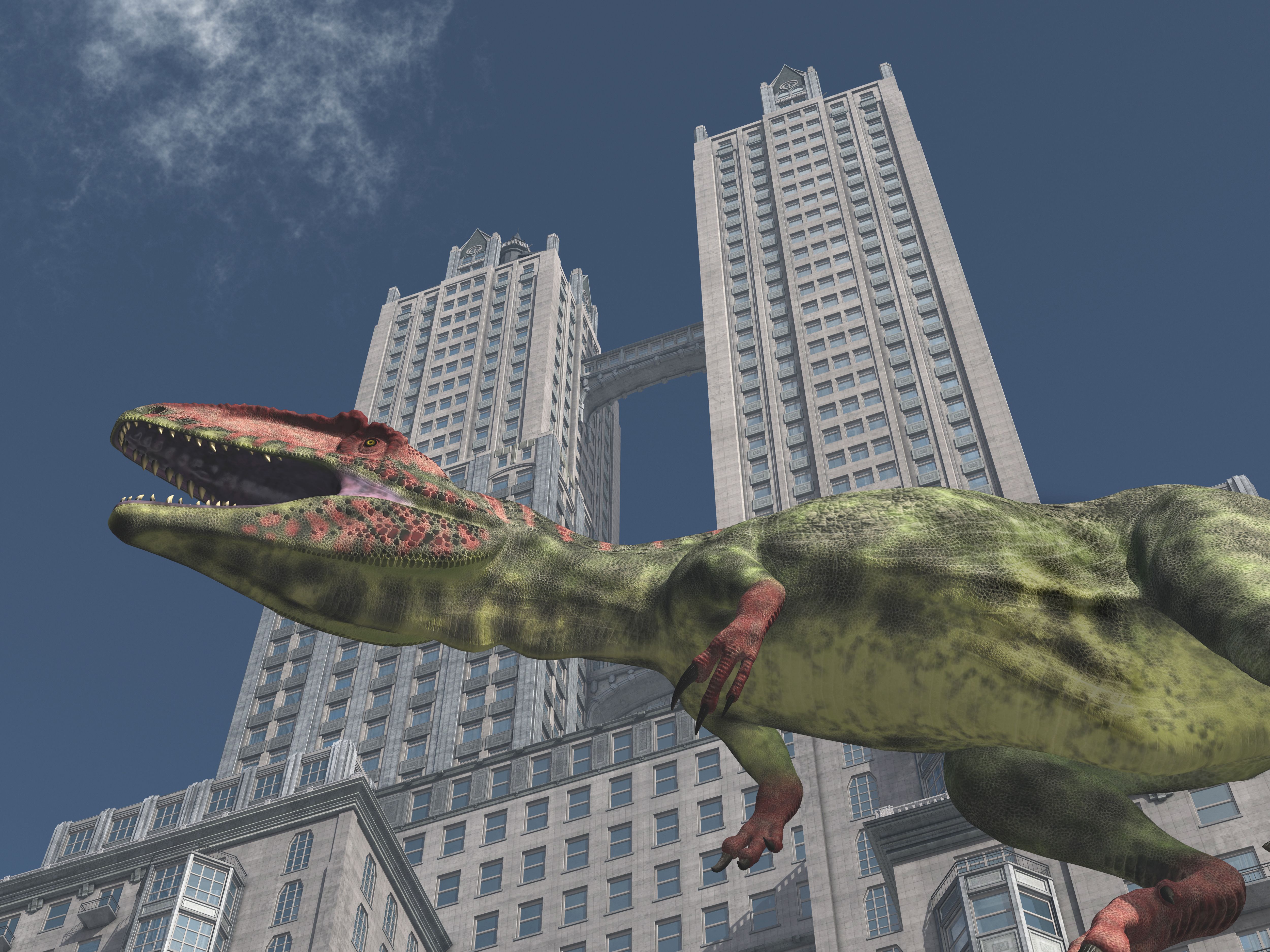 Dinosaur Giganotosaurus in front of a skyscraper