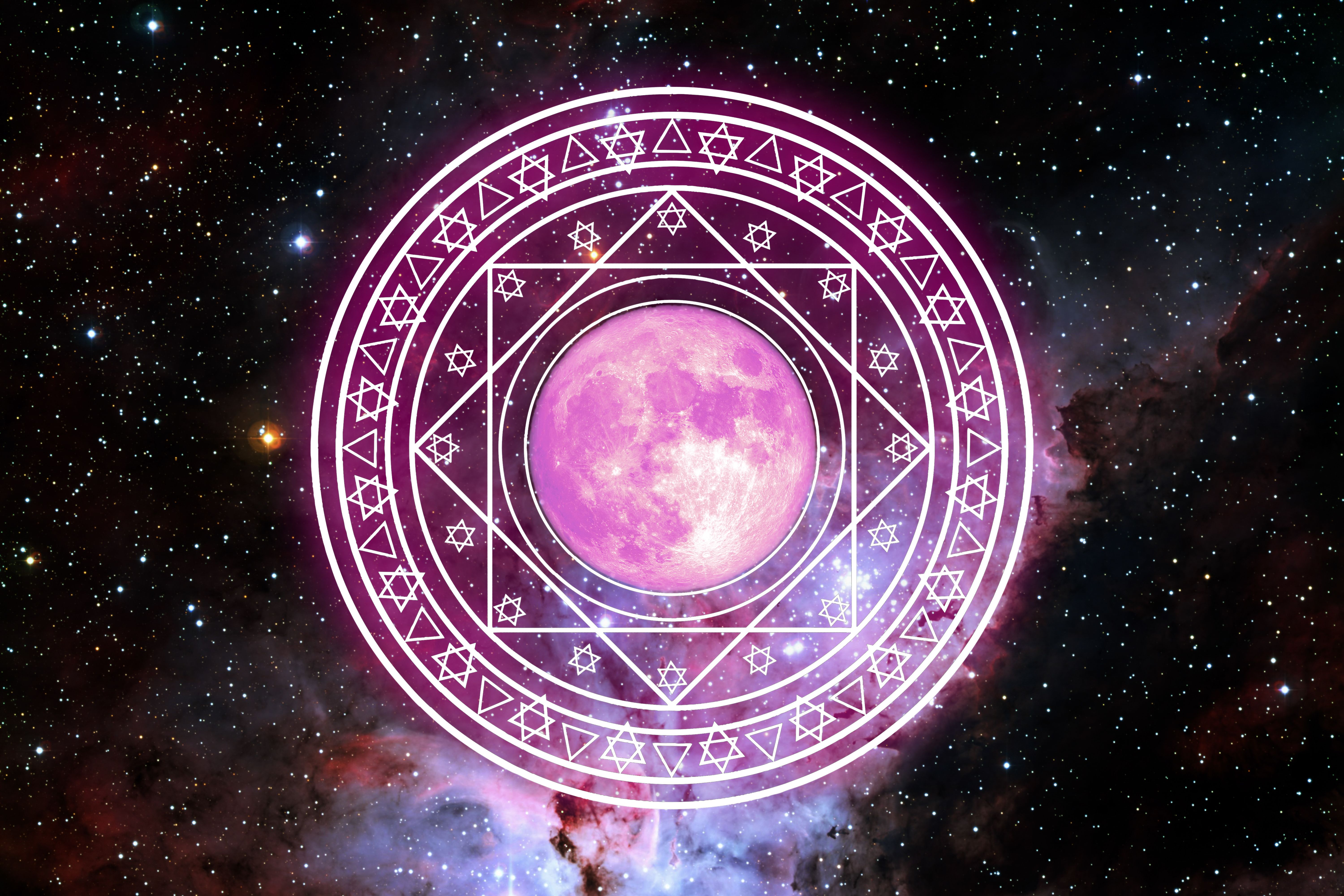 pink moon in magic six star magenta energy rotate slow appear galaxy background