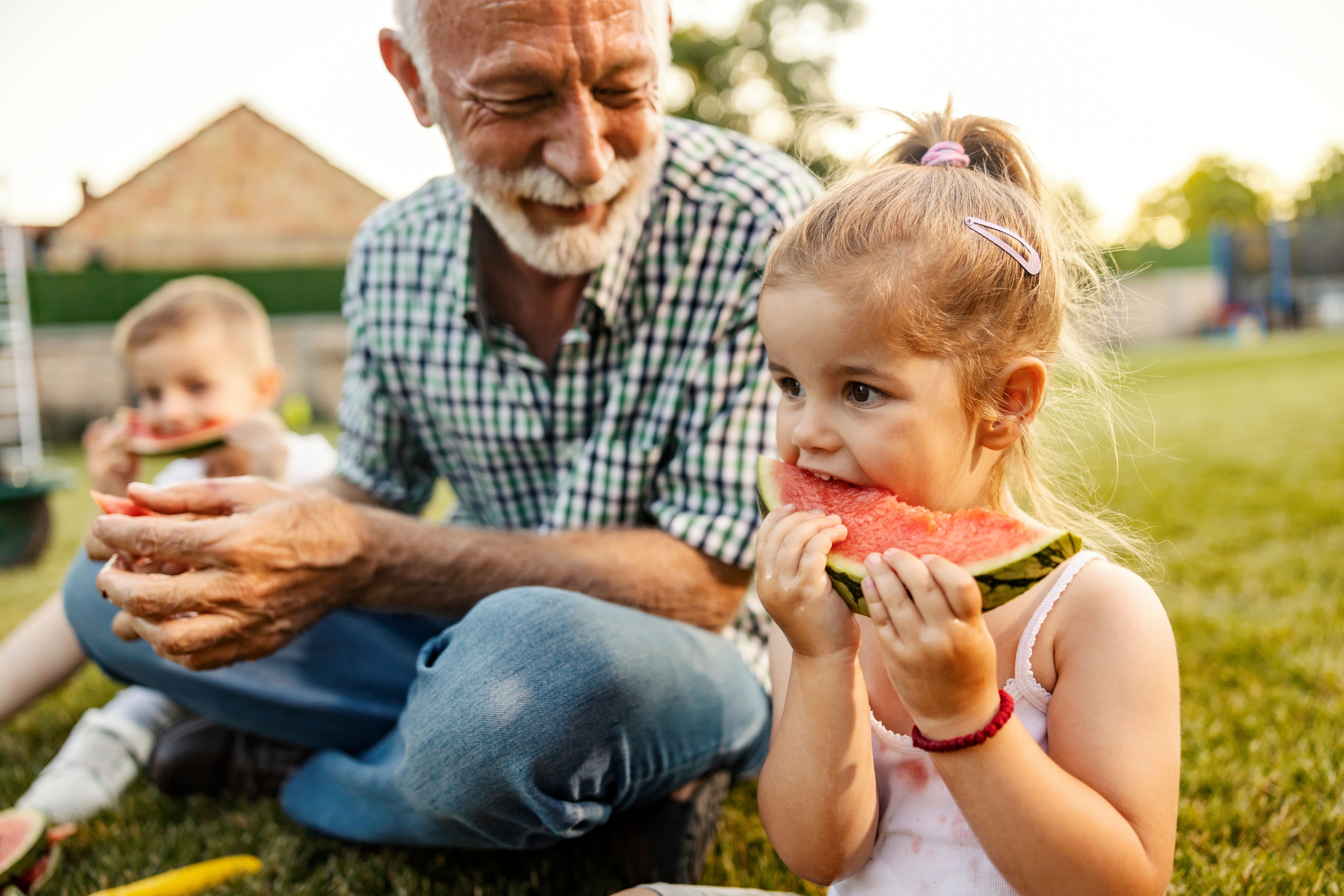 Happy girl is refreshing herself with watermelon in backyard with her granddad.