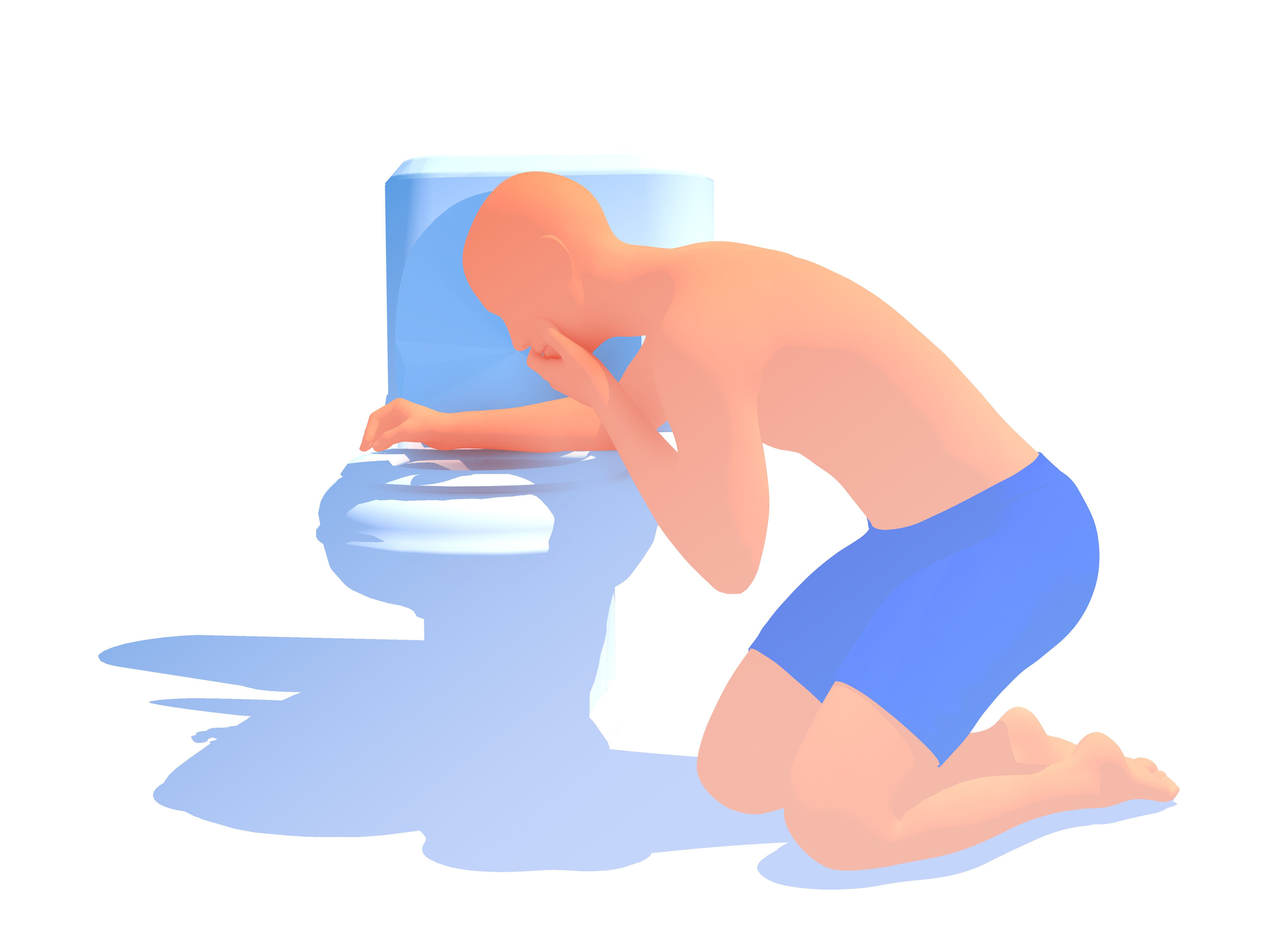 3d illustration of crouching human silhouette vomiting into a water.