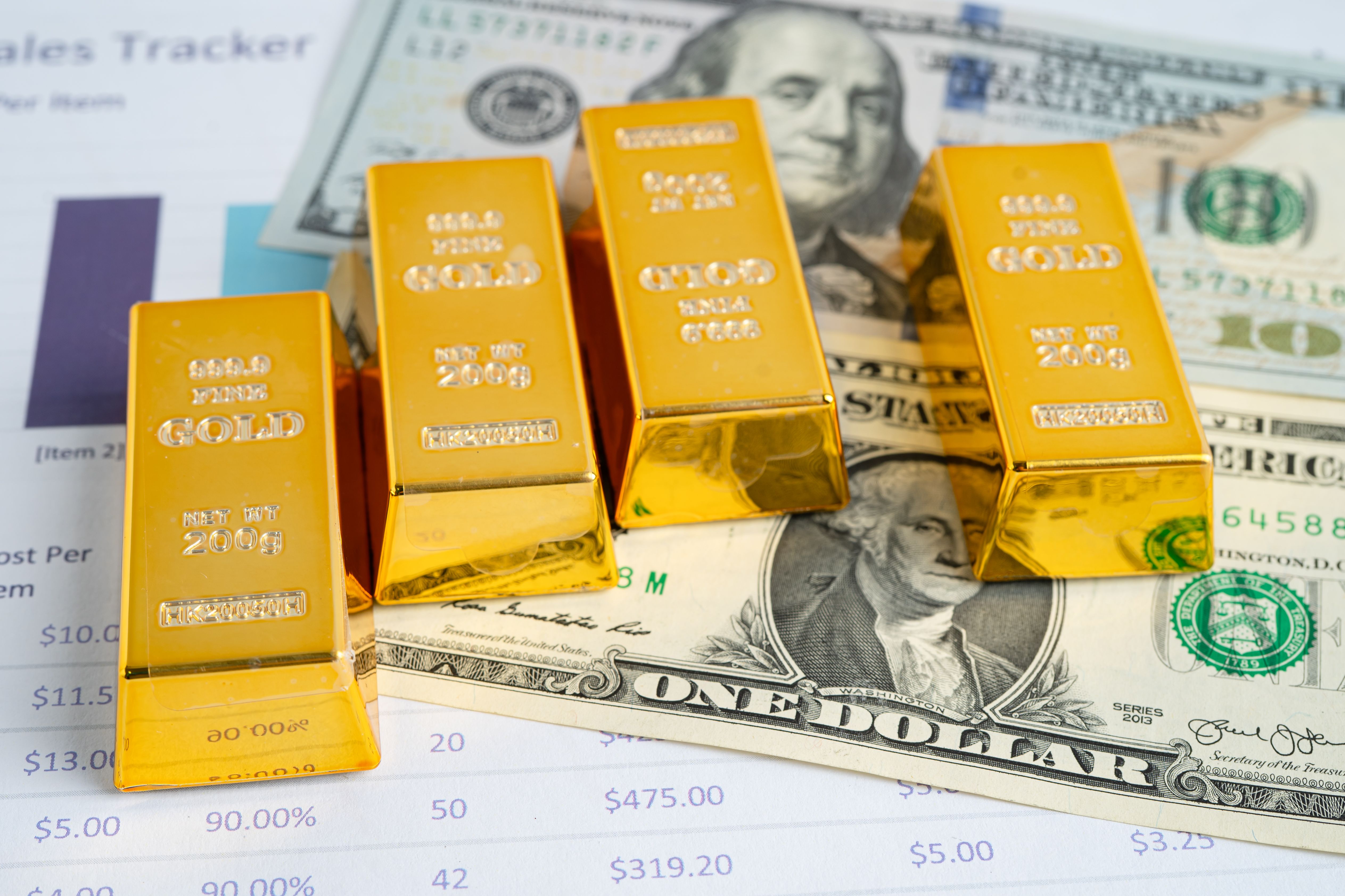 Gold bar on US dollar and Euro banknote, economy finance exchange trade investment.