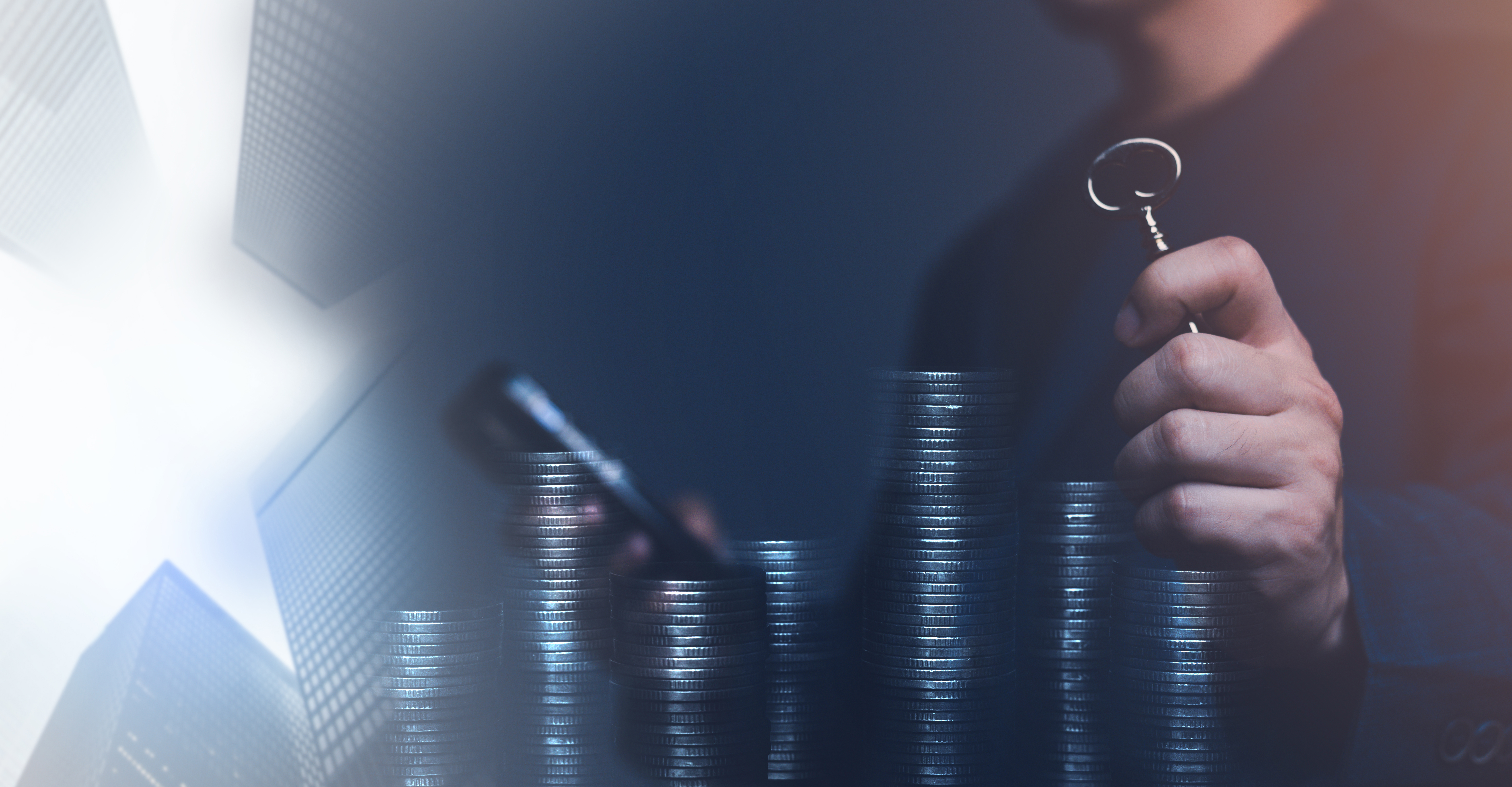 Photo of businessman holding Key and smart phone with coin . Double exposure photo of panoramic city view at sunrise. Key of success in business, Key as same as advise.