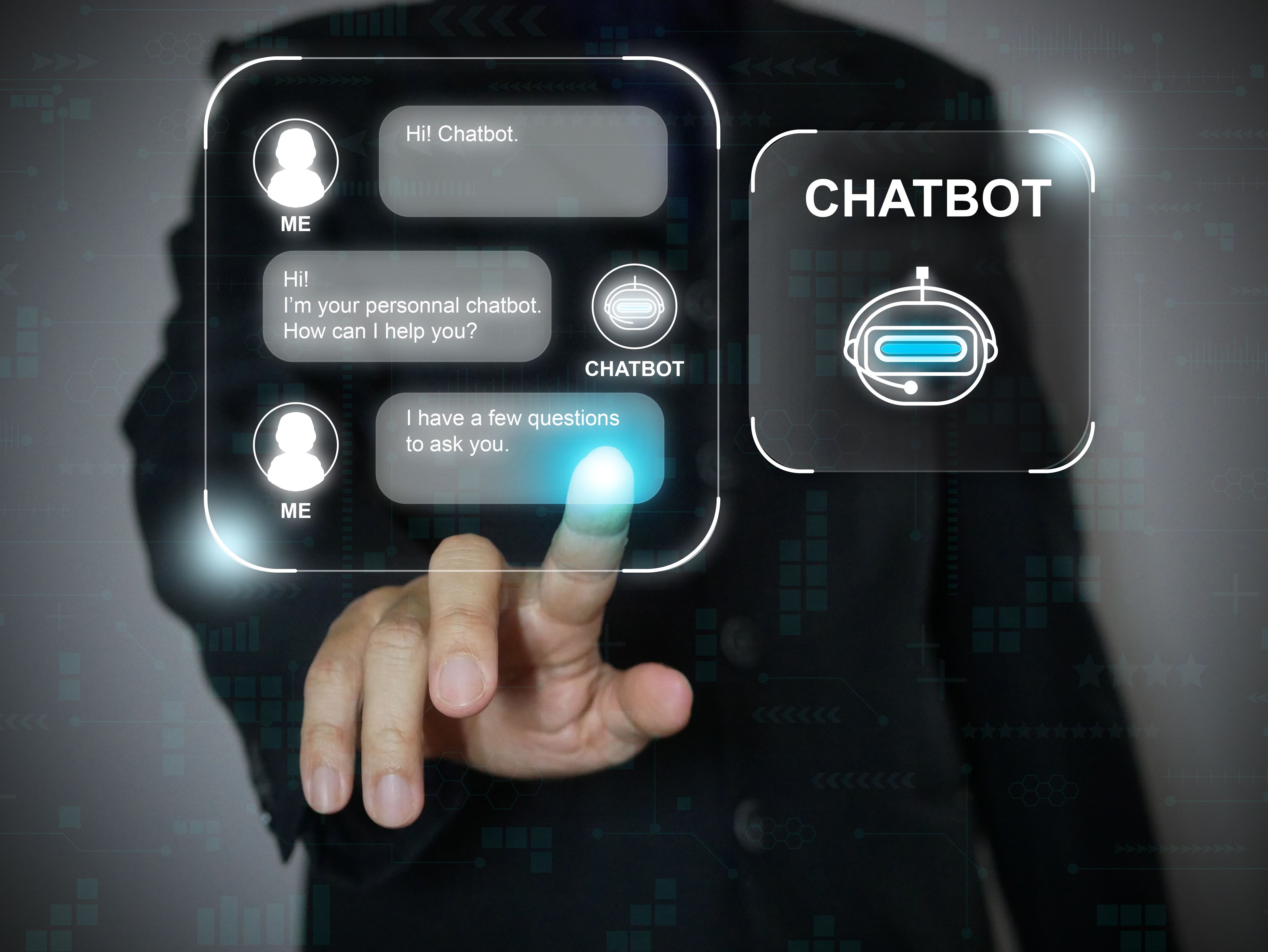 Finger using a digital chatbot computer program. Customer support service automation. AI artificial technology for chatterbot, conversational agents, robot application, conversation assistant