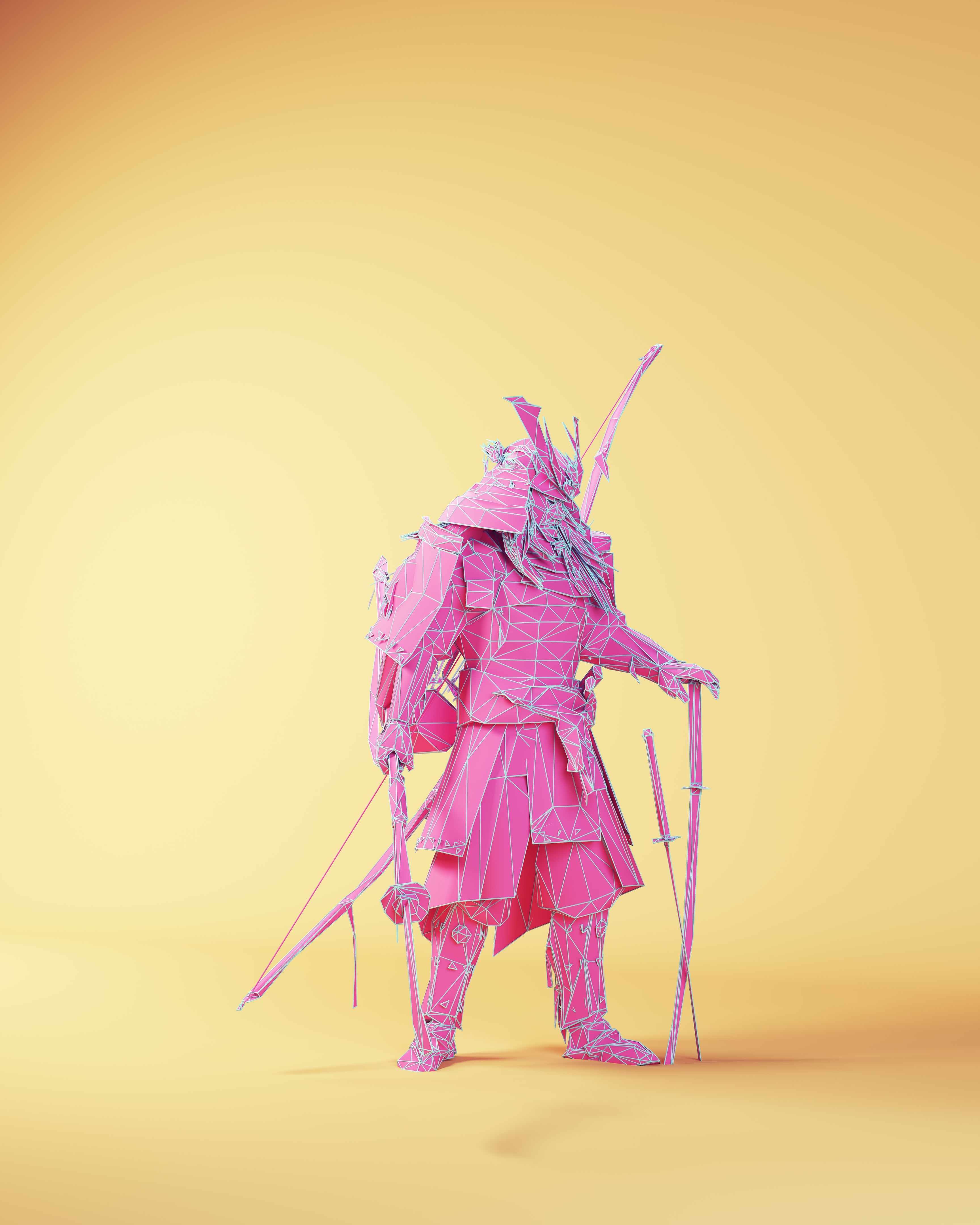 Pink Blue Japanese Samurai Warrior Polygon Cyber Punk Figure Front View Pink Blue Japanese Samurai Warrior Polygon Cyber Punk Figure Front View