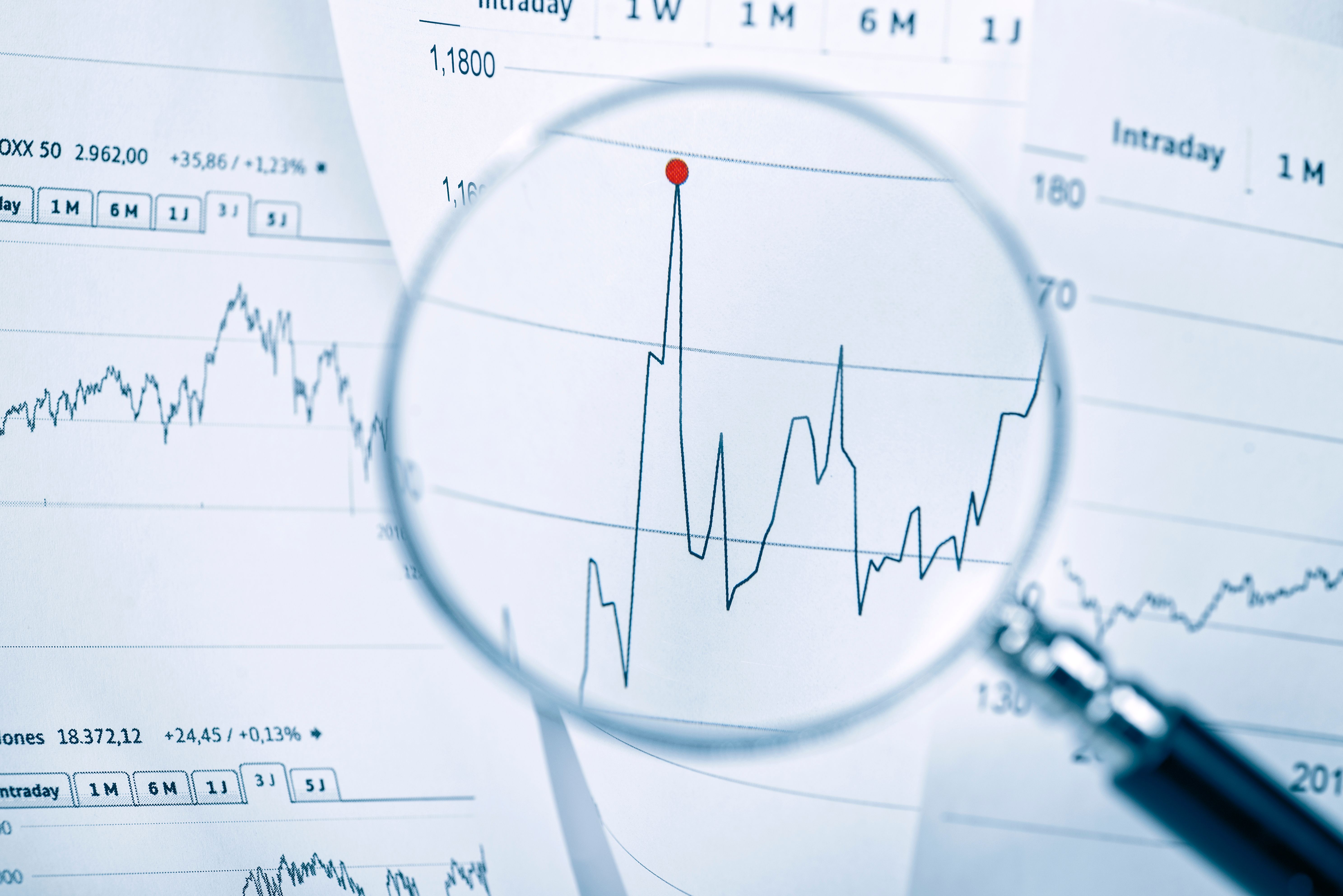 Share price in the focus of a magnifying glass Share price in the focus of a magnifying glass