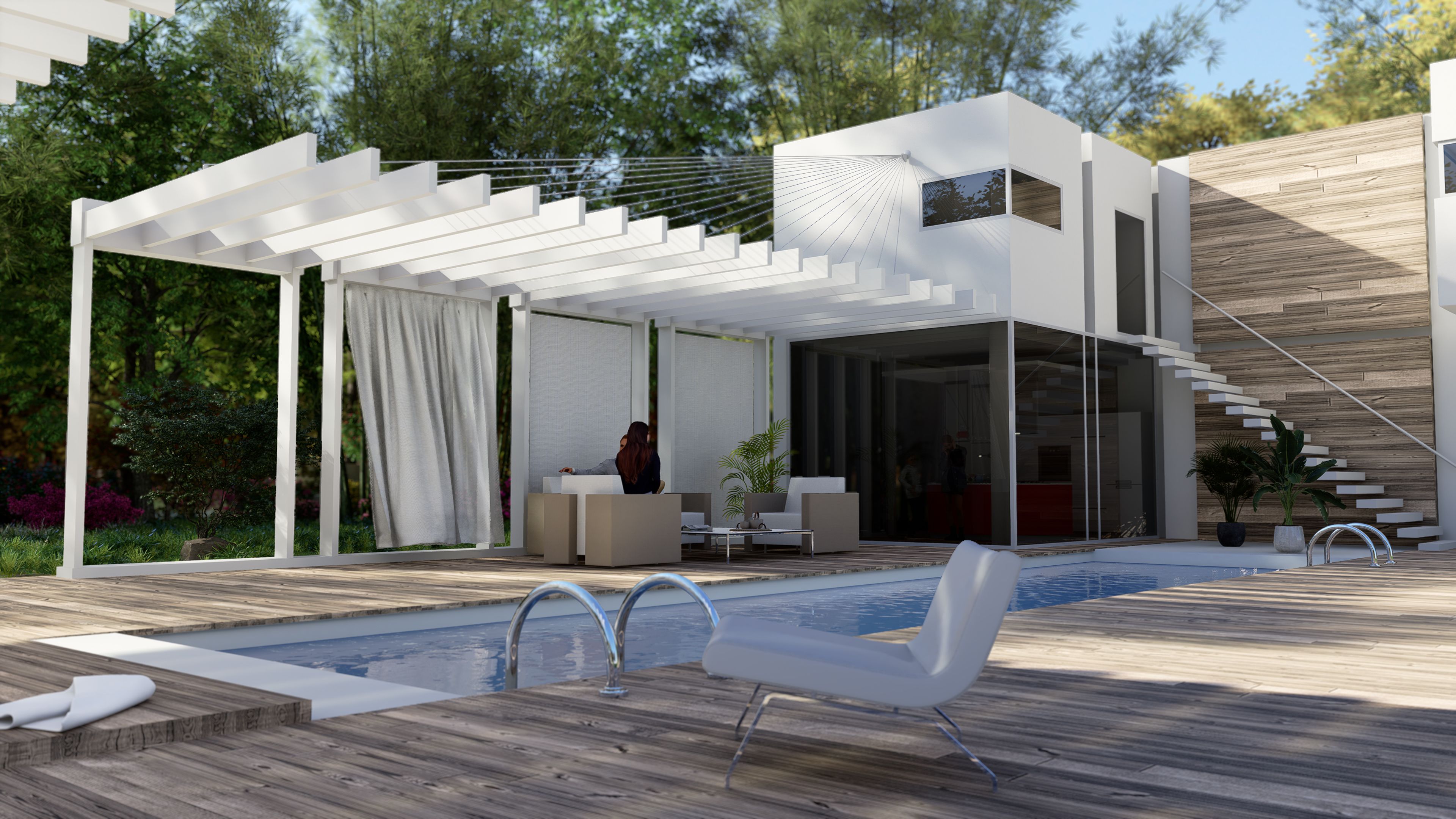 House exterior with a pool and a sitting area with a pergola