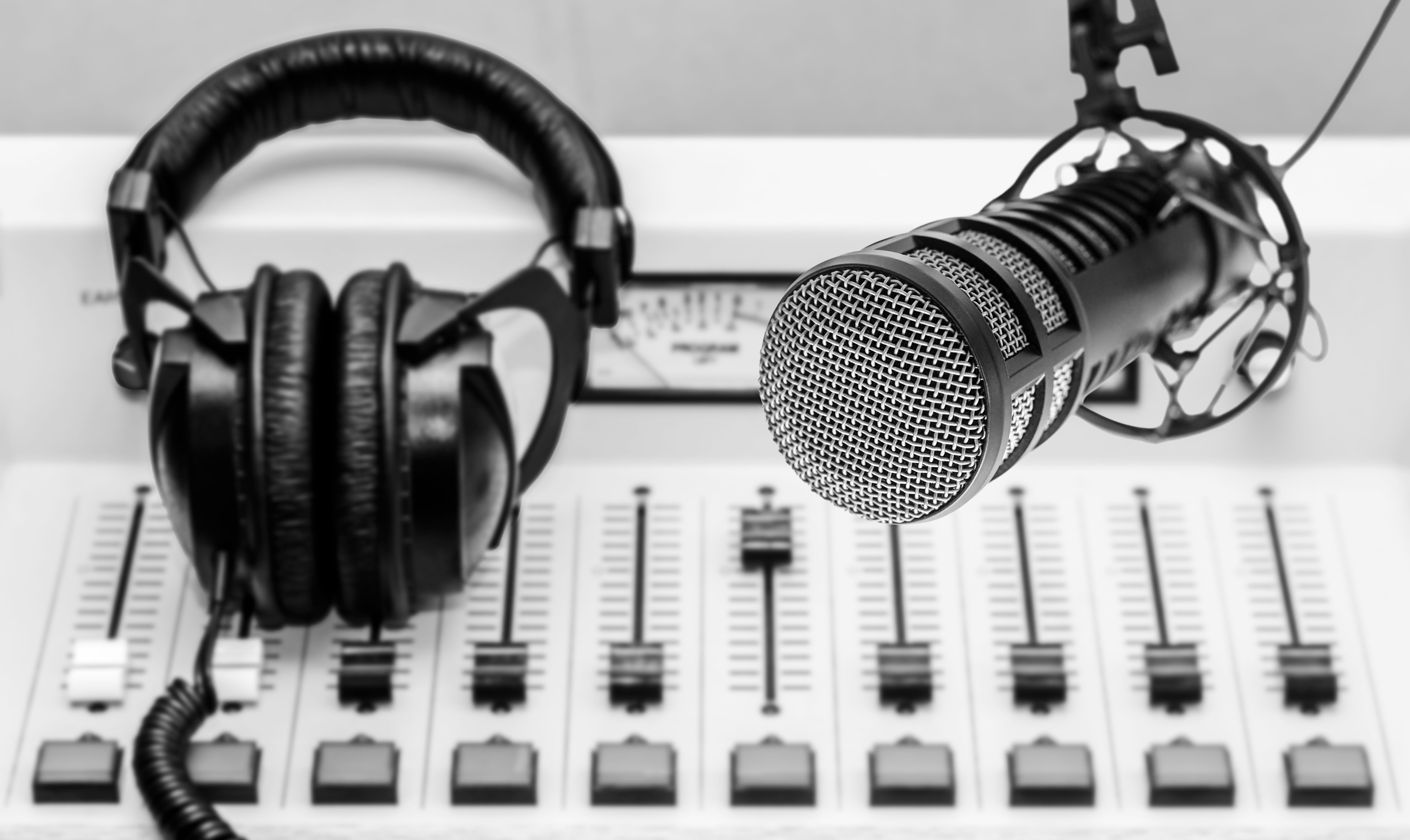 Professional microphone and sound mixer in radio studio