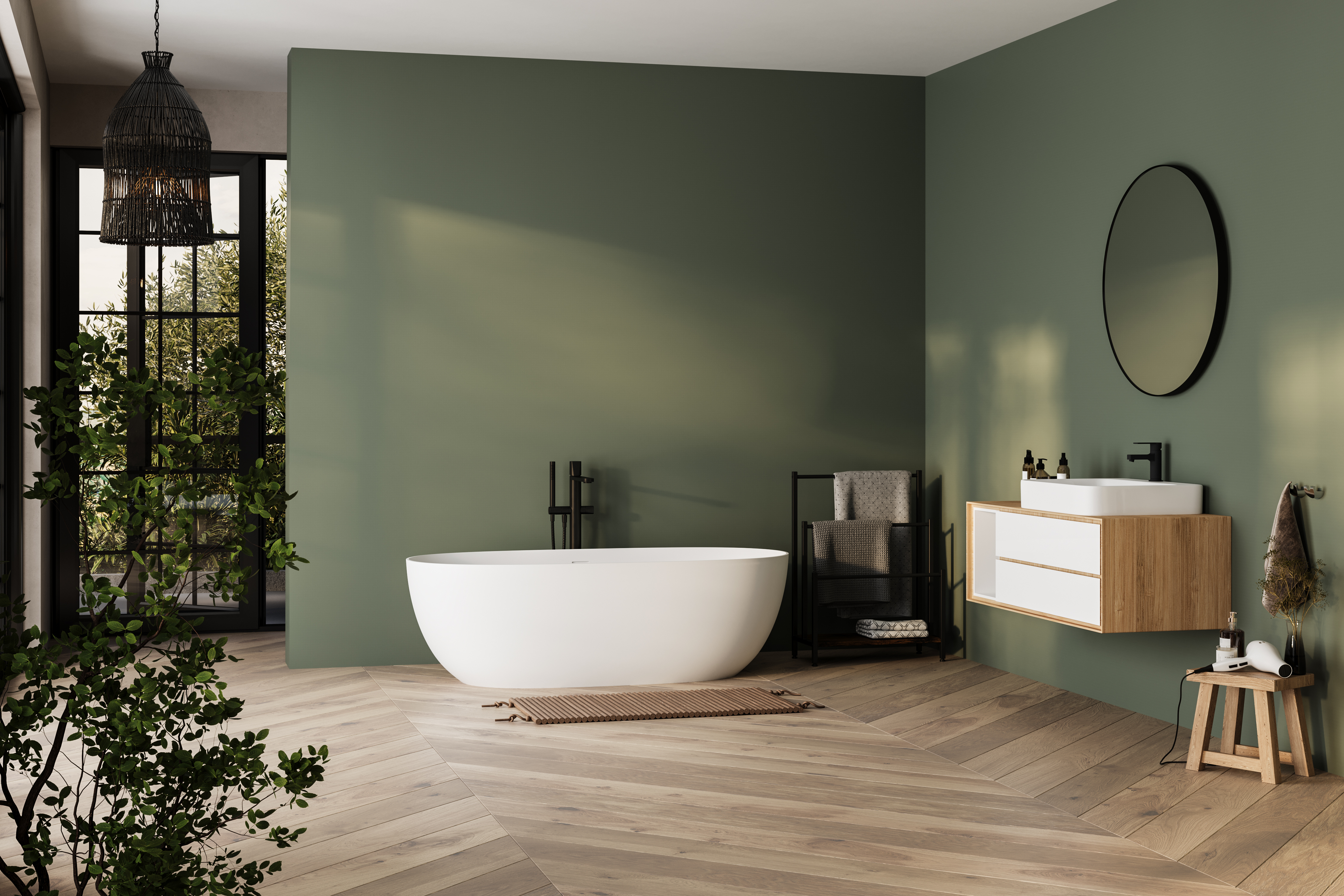 Modern minimalist bathroom interior, bathtub and bathroom cabinet, white sink, interior plants, bathroom accessories, parquet floor, green wall. Modern minimalist bathroom interior, bathtub and bathroom cabinet, white sink, interior plants, bathroom accessories, parquet floor, green wall.