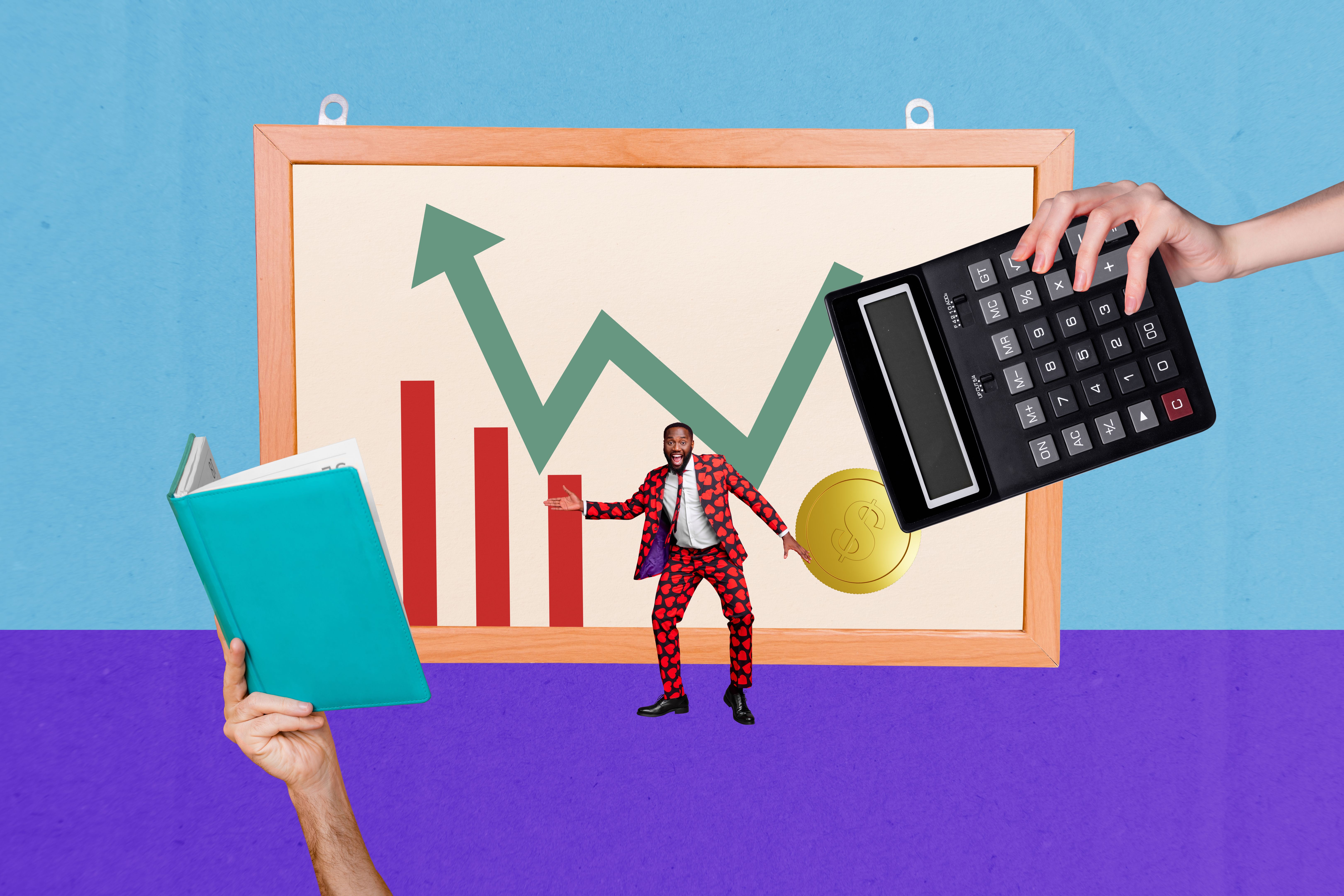 Composite trend artwork image collage of trader arrow office busy stuff money count credit book read education miniature young guy stand Composite trend artwork image collage of trader arrow office busy stuff money count credit book read education miniature young guy stand