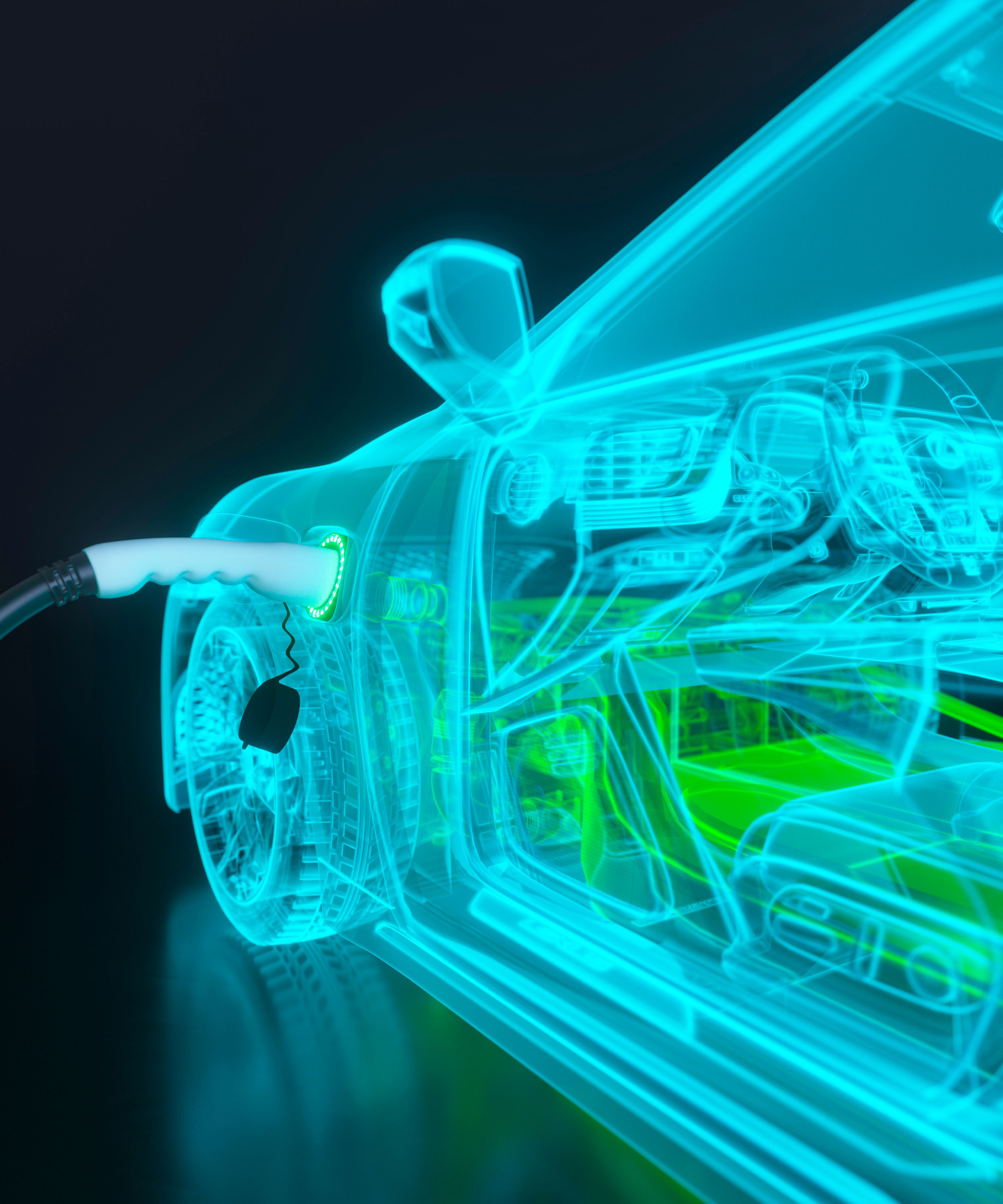Electric car hologram being charged 3d render