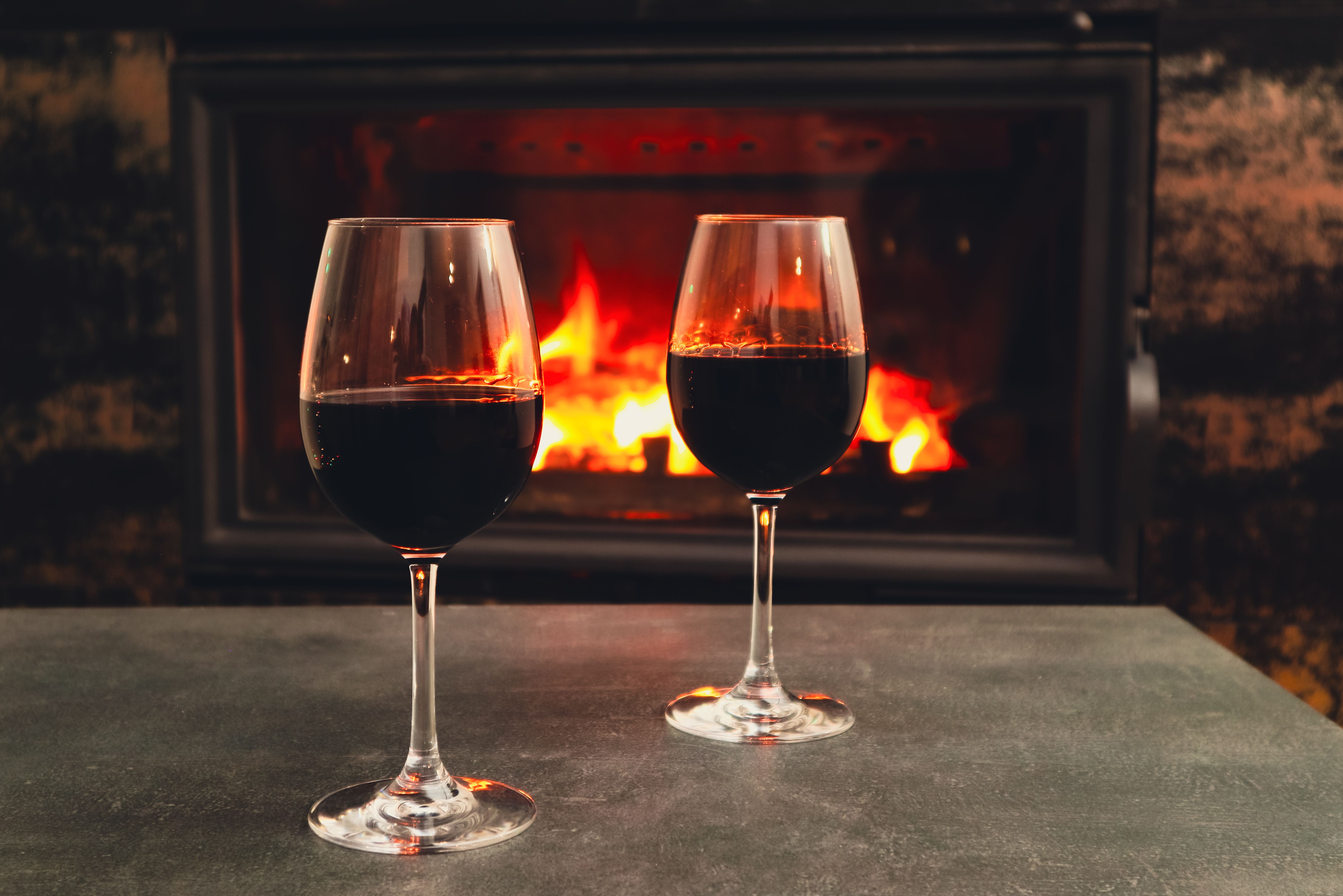 winter wine fireplace