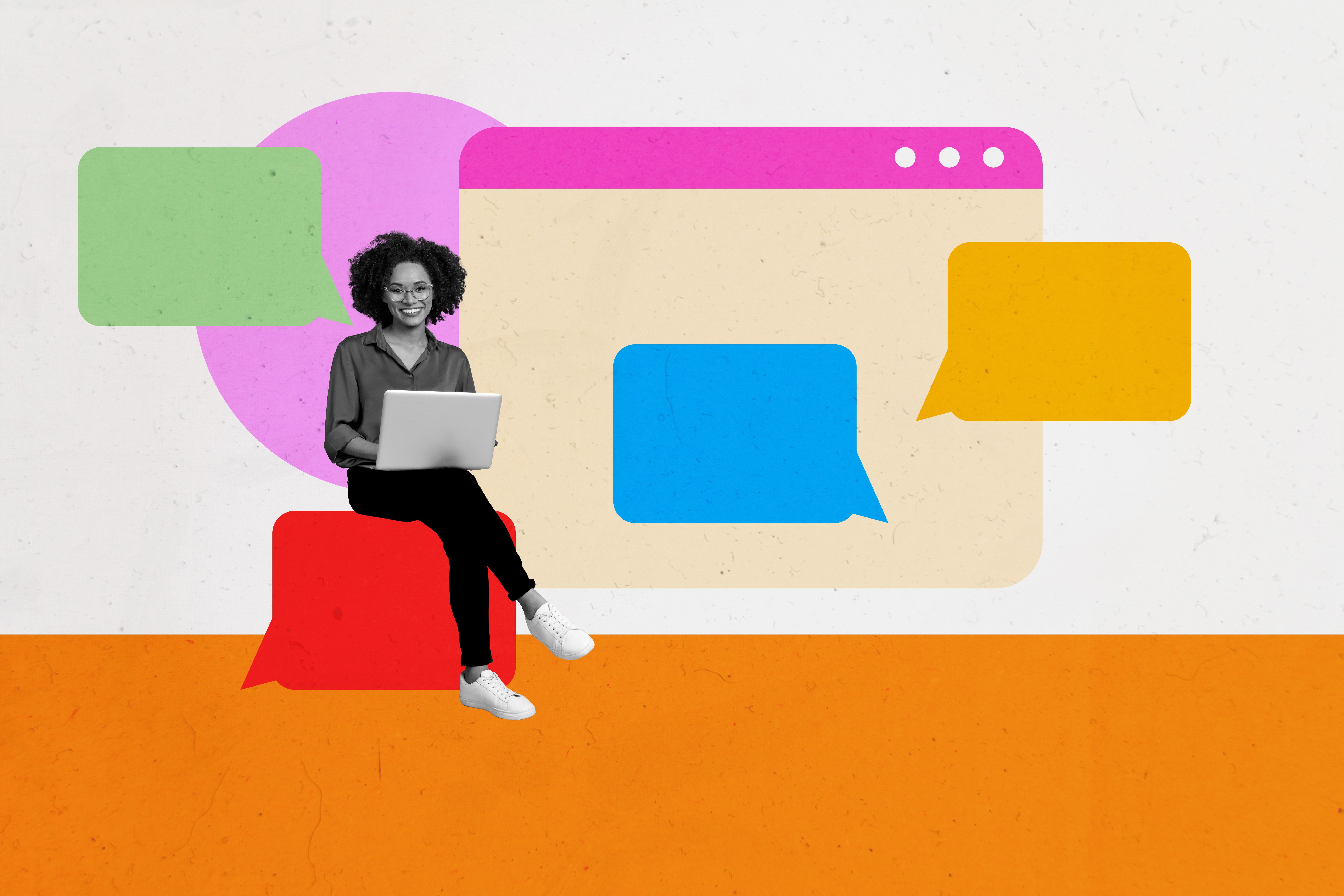 Contemporary art collage of happy american girl hold laptop type message tab browser communication speech icon bubble talk