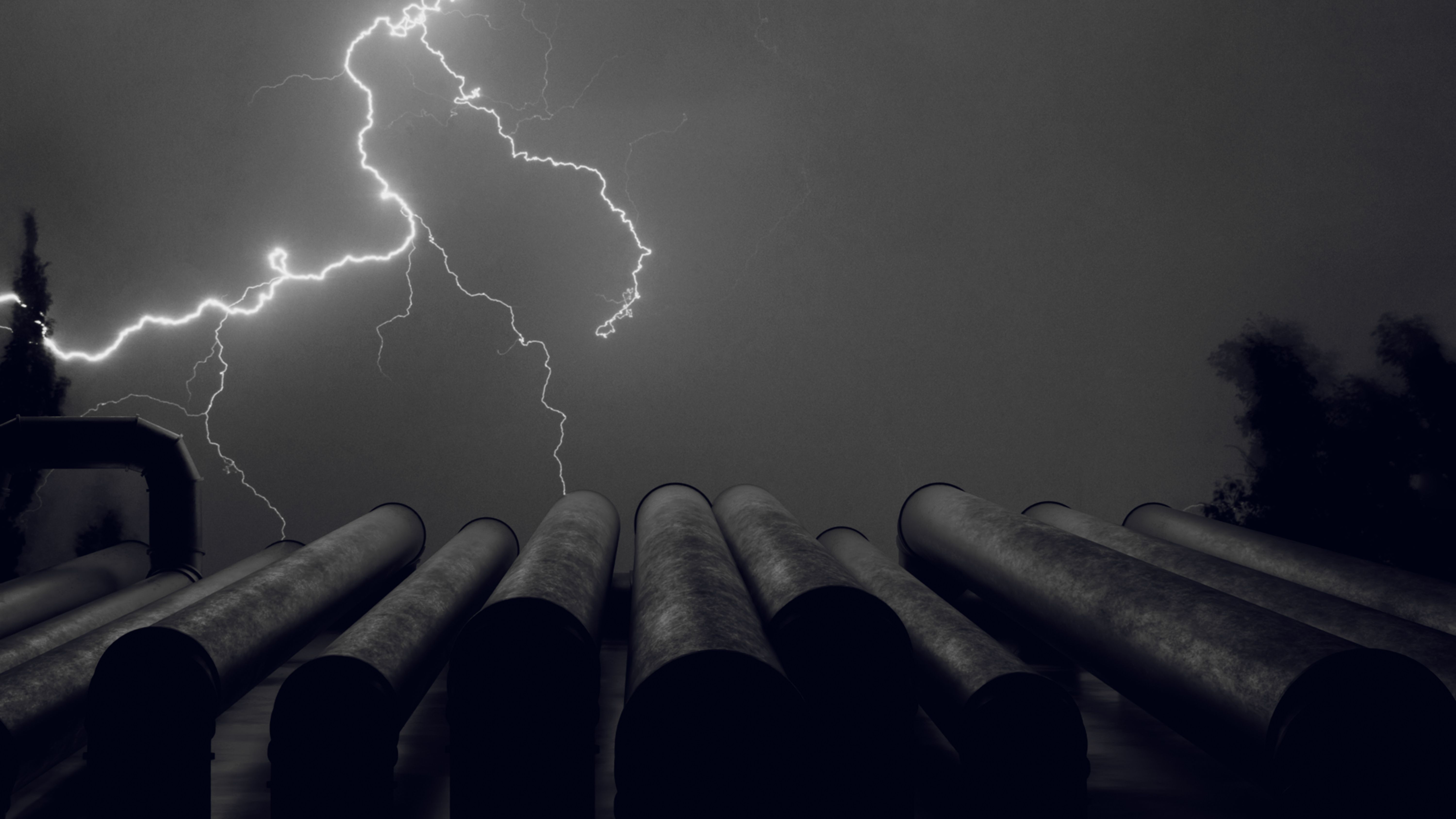 3D model of pipes against the background of lightning in the sky, fuel industry