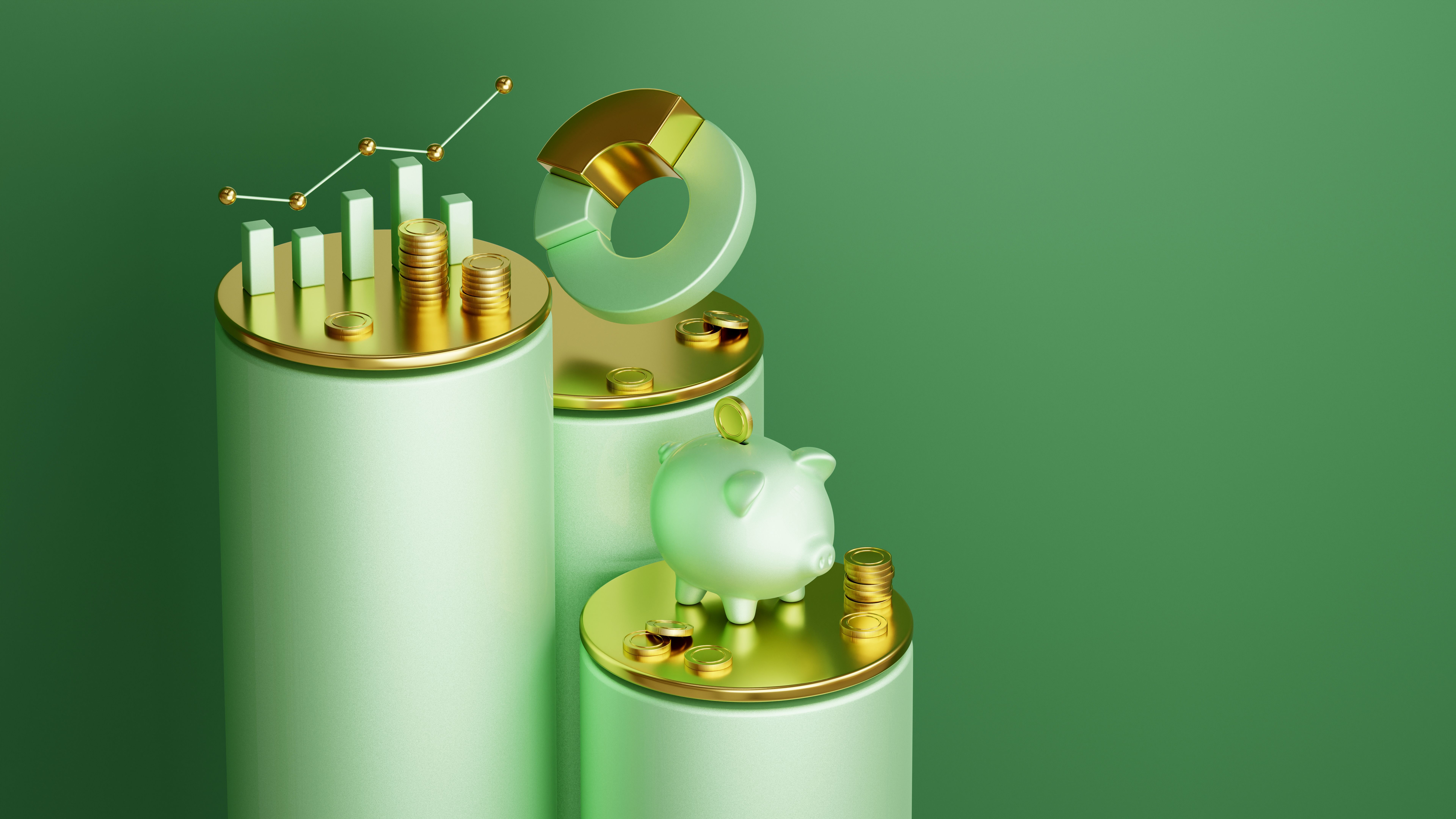 Finance and savings concept. Financial 3d symbols green colored with gold color in accents on the three-level podium Finance and savings concept. Financial 3d symbols green colored with gold color in accents on the three-level podium