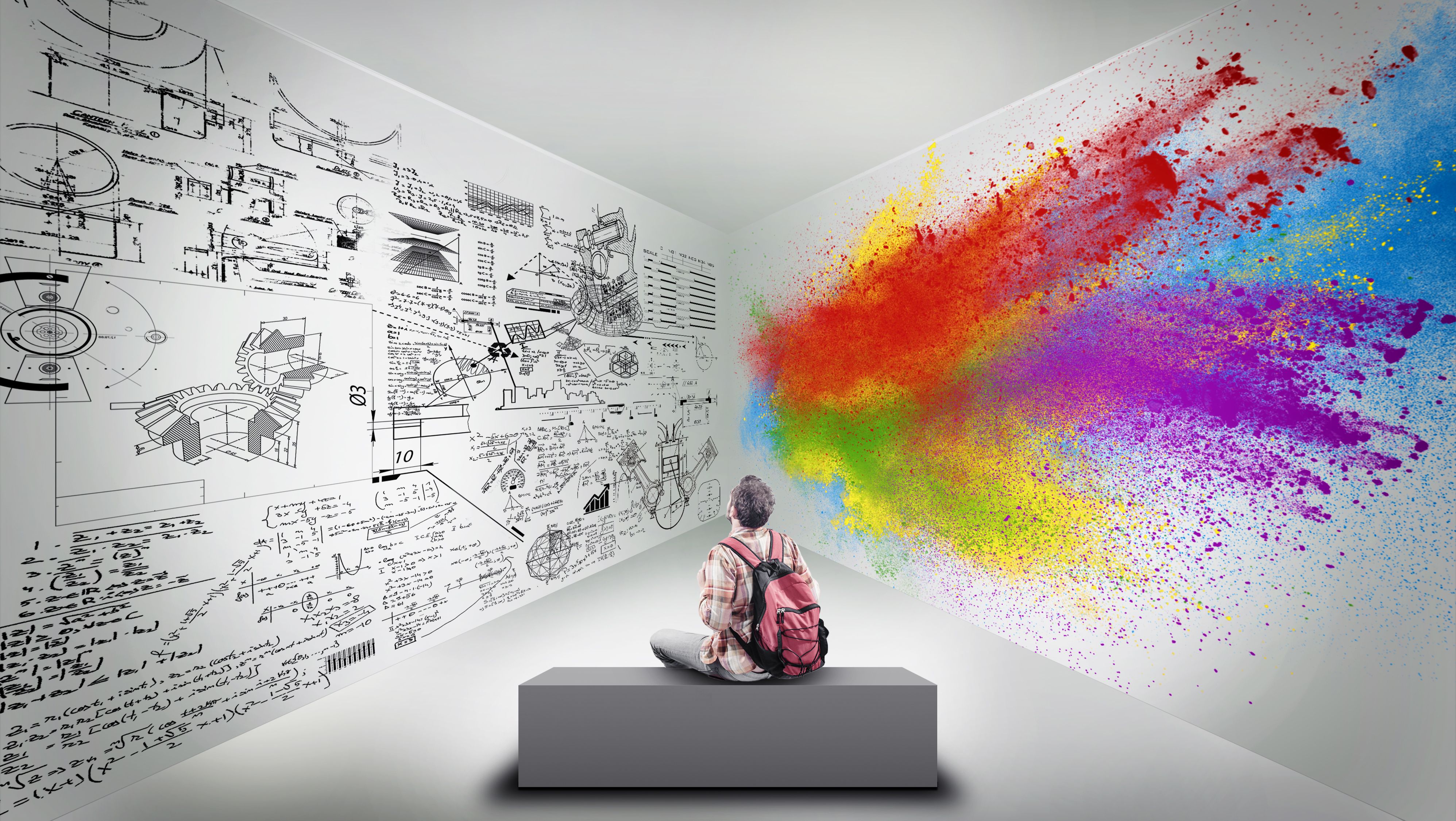 Young man sitting in a room divided by brain hemispheres. Creative half and logical half.