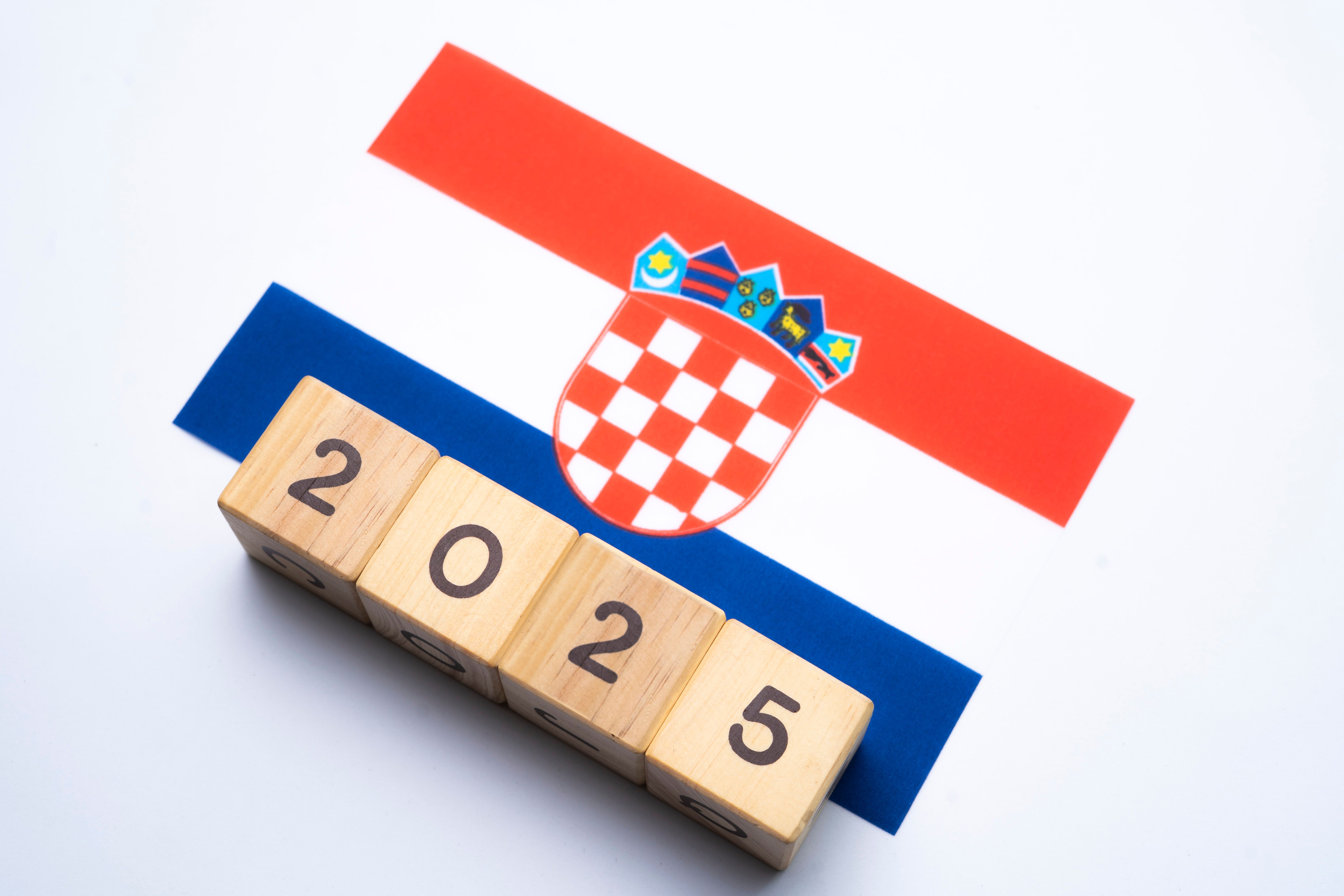 2025, Croatia flag with date block, Concept, Important events for Croatia the new year, election, economy, social activities, central bank, Croatia foreign policy