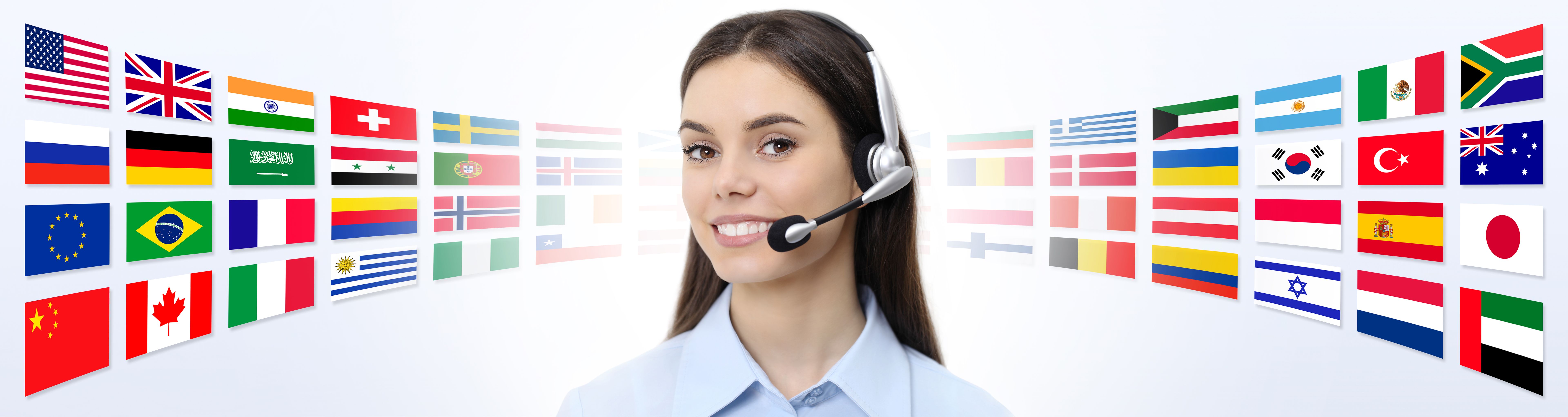 contact us, customer service operator woman with headset smiling isolated on international flags background