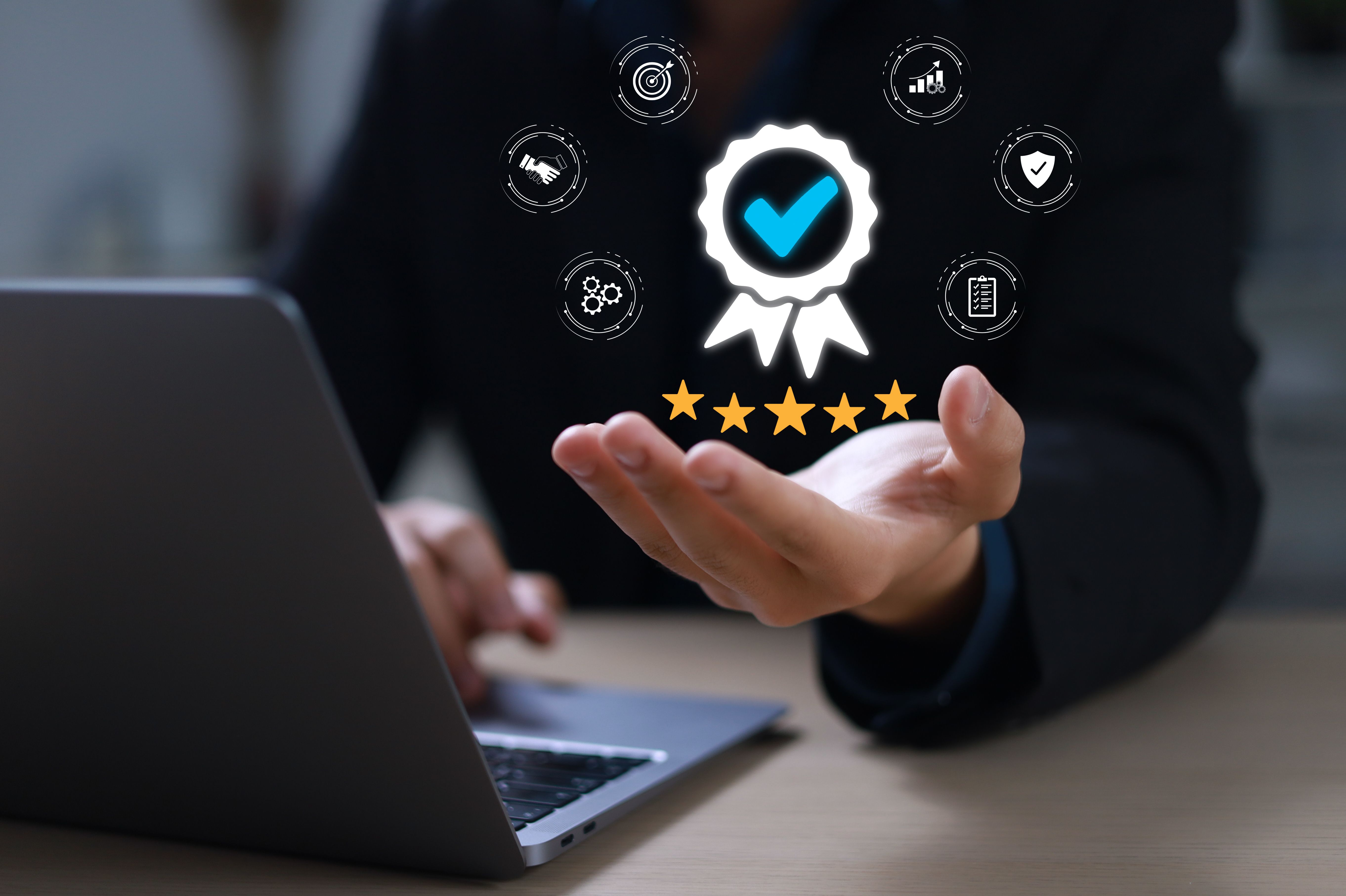 Quality control concept, Industrial quality assurance with icons, Service system, Business certification, ISO standards, Digital technology, Quality assurance process