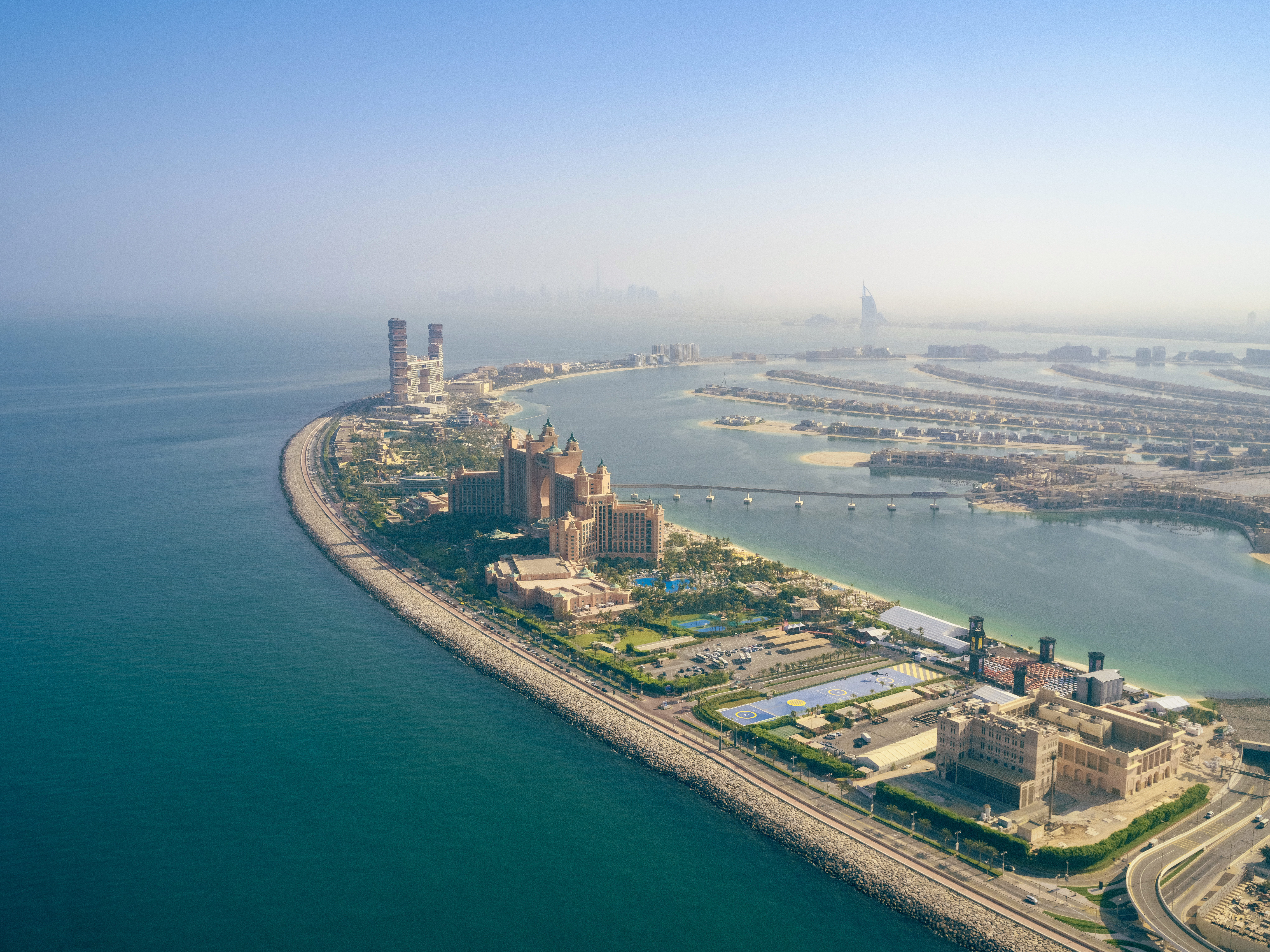 Aerial view of artificial palm island in Dubai