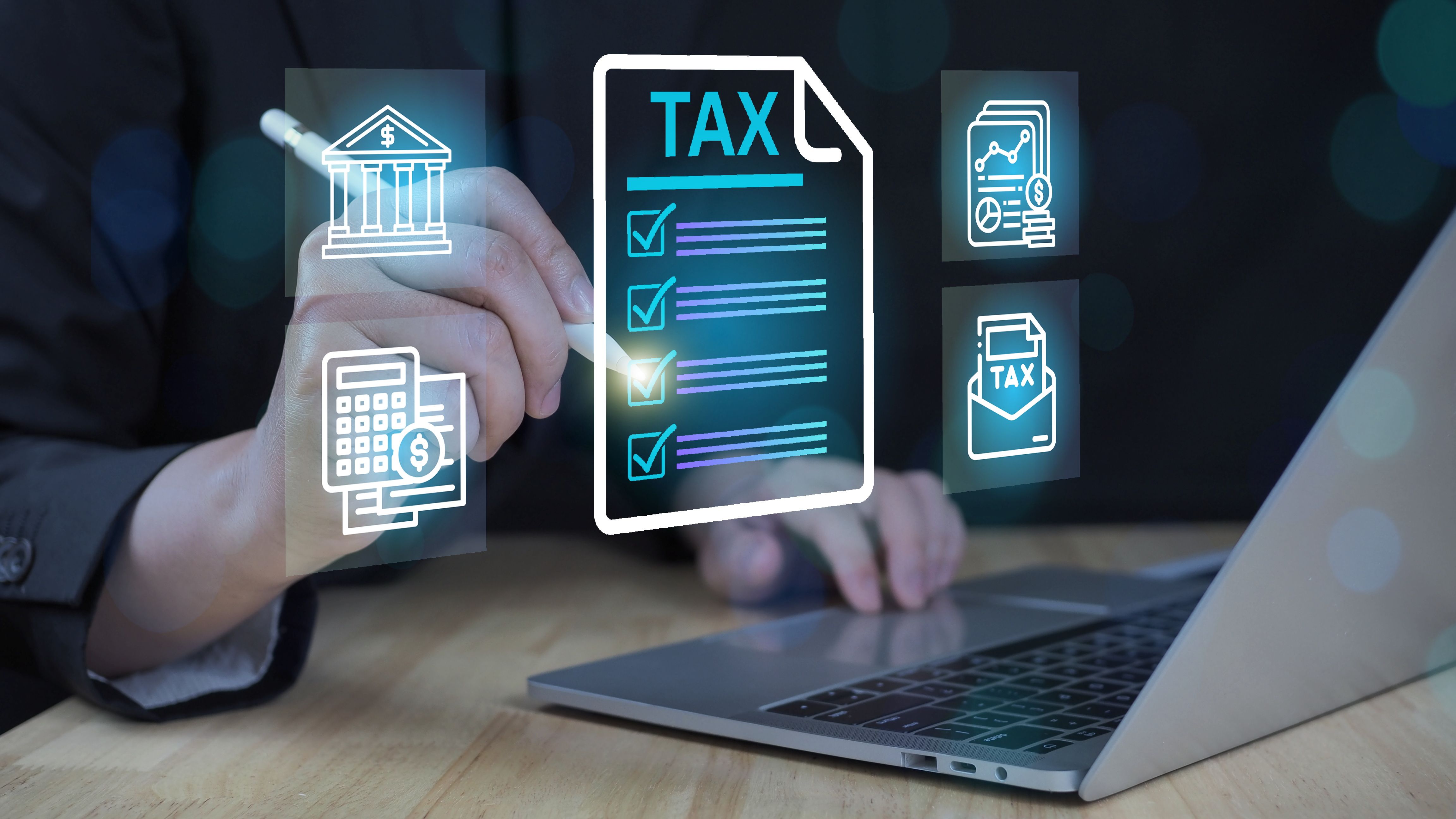 tax documents, and savings, represent the concept Tax Filing and Financial Management Concept. Businessperson using laptop with digital tax and finance icons.
