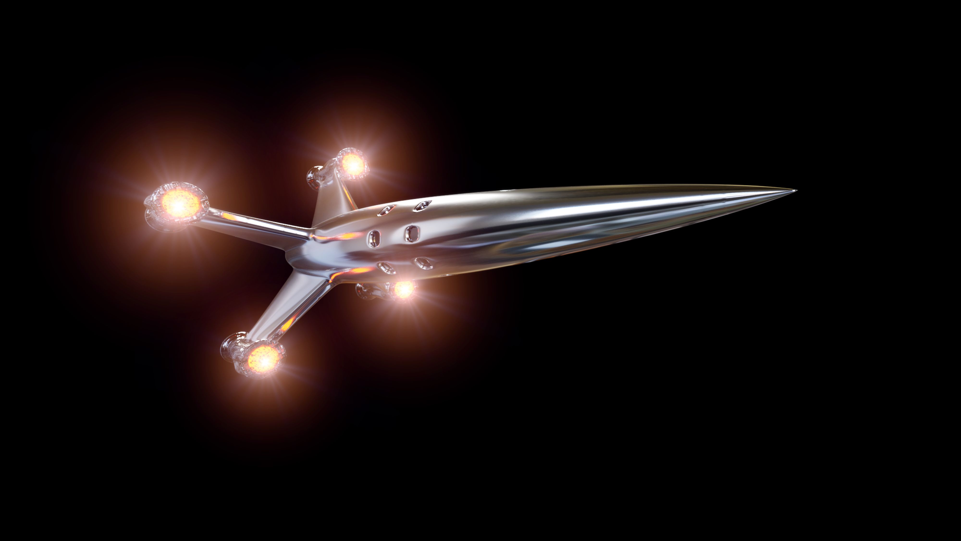 spaceship, shiny rocket flying into outer space (3d illustration isolated on black background)