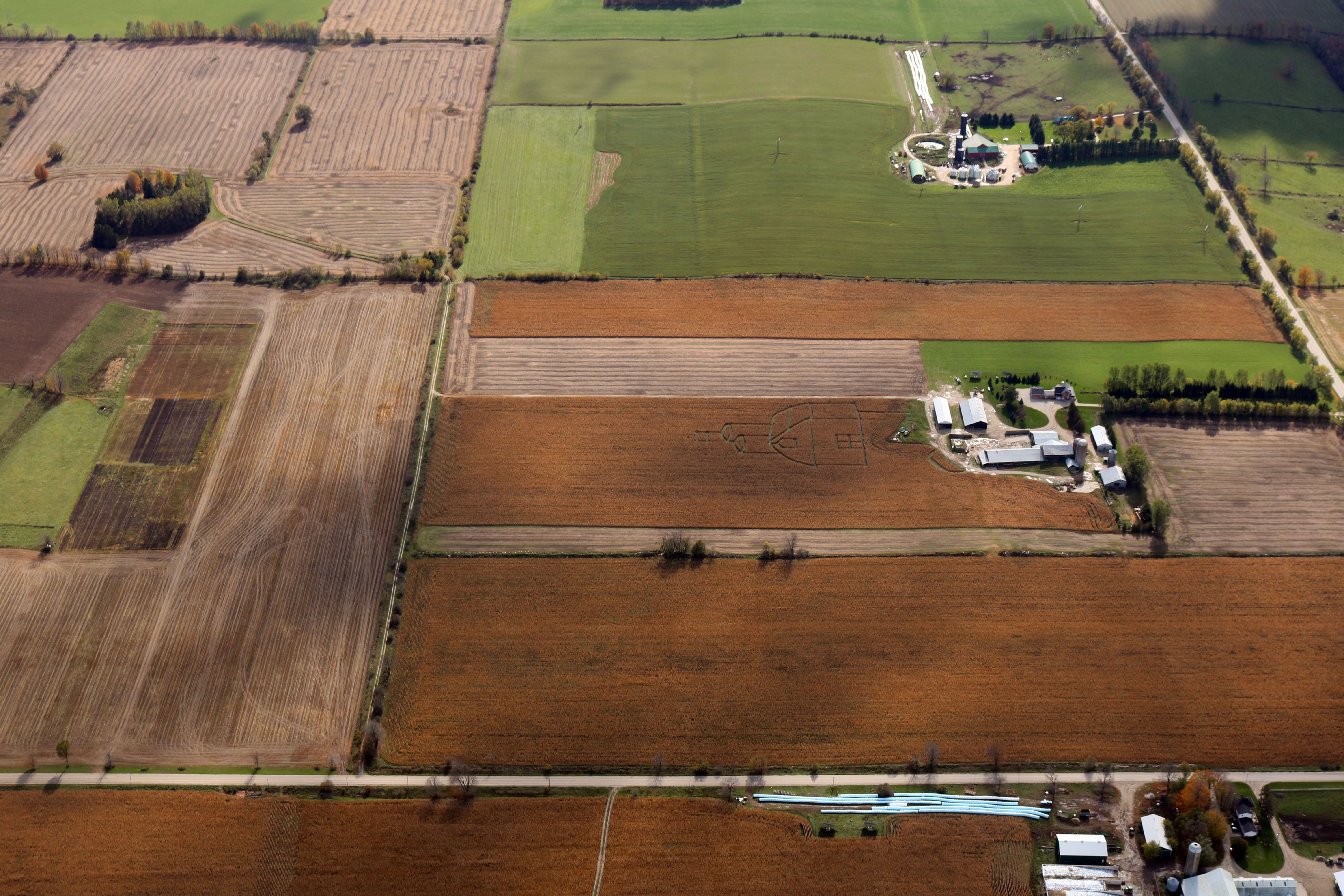Aerial view from airplane of farmland near Owen Sound, Ontario