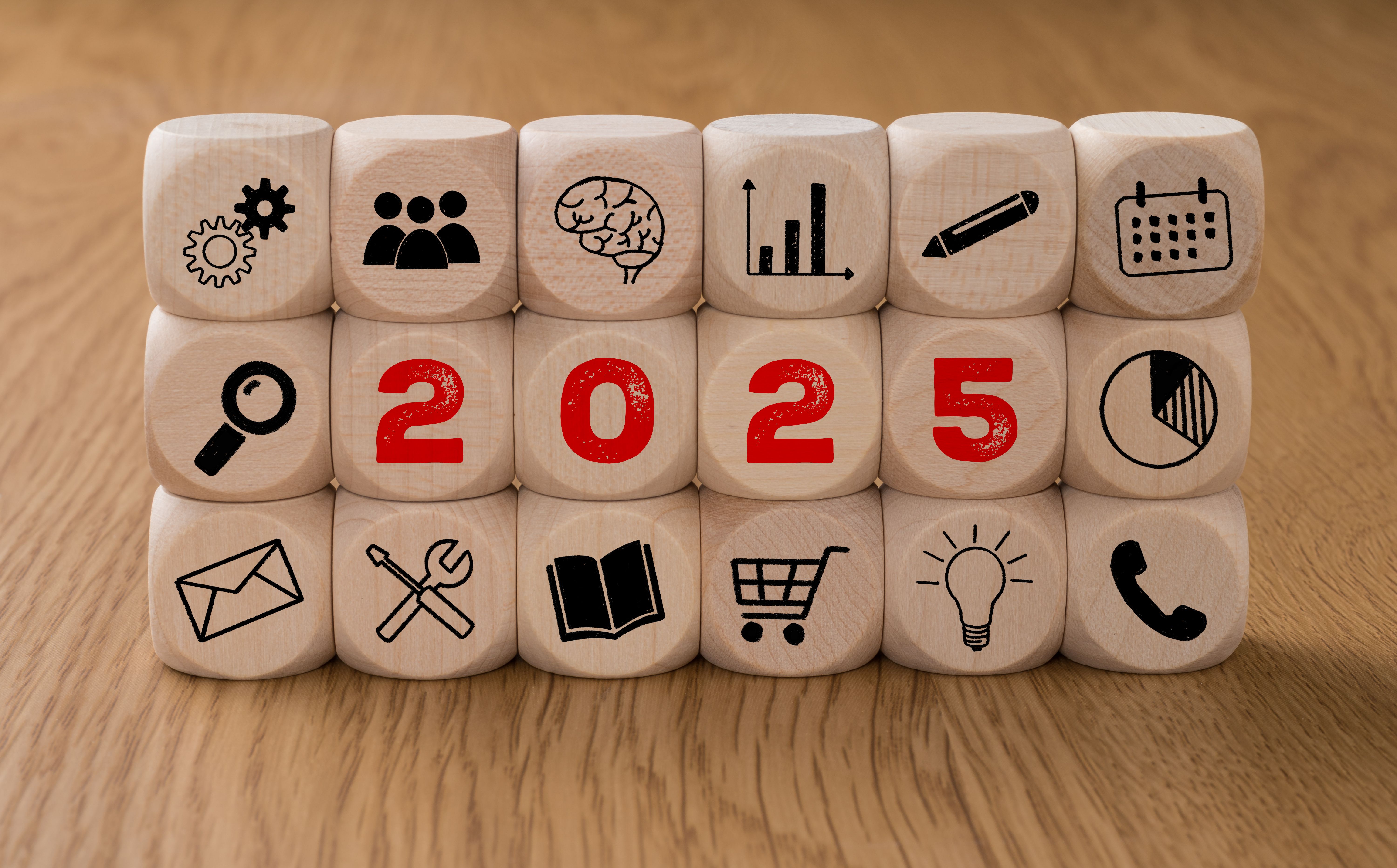 Dice with icons and the Year 2025 Dice with icons and the Year 2025