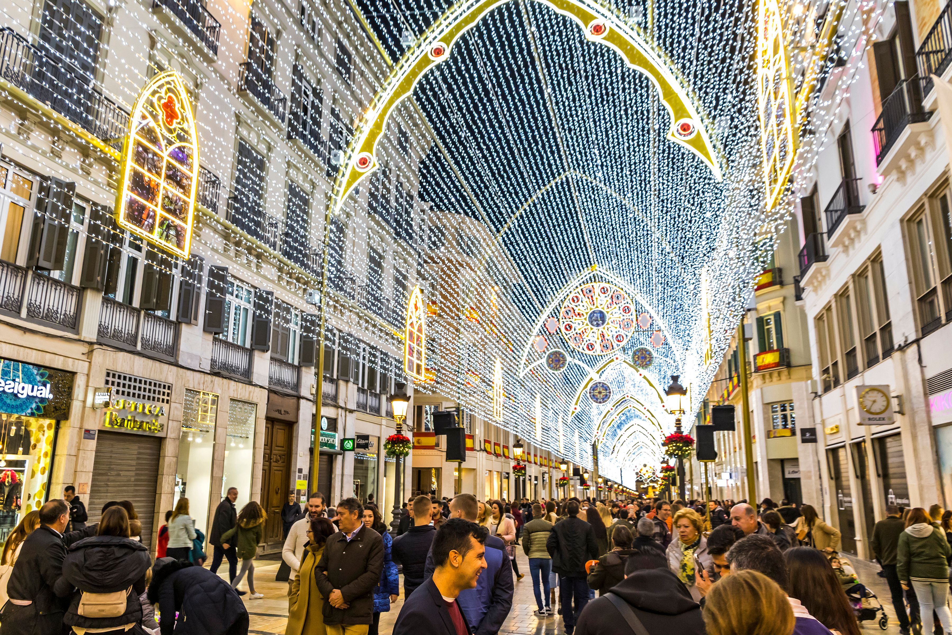 Christmas decorations on the streets of Malaga city, Andalusia, Spain