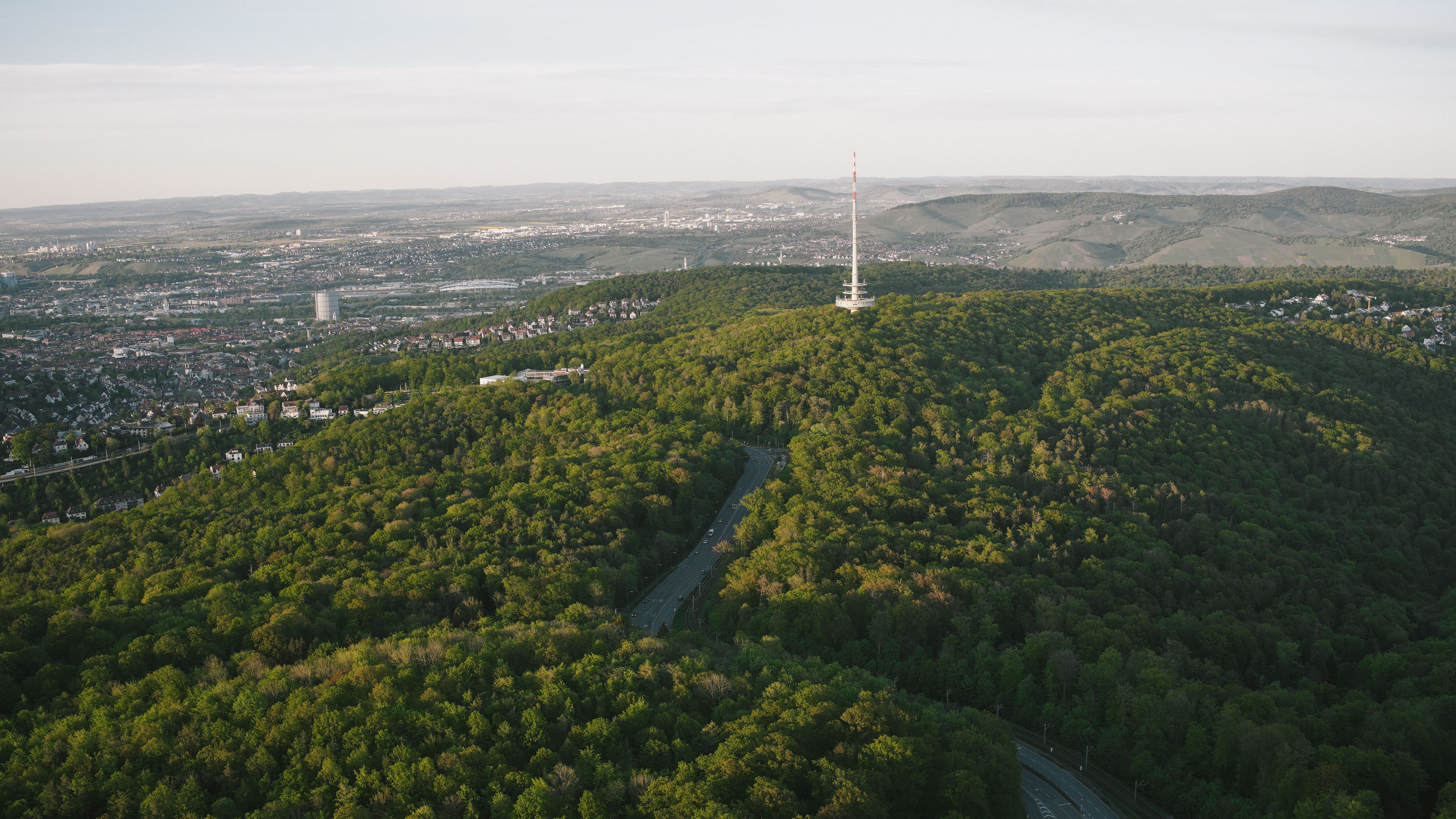 Aerial view of city skyline and forest at sunrise