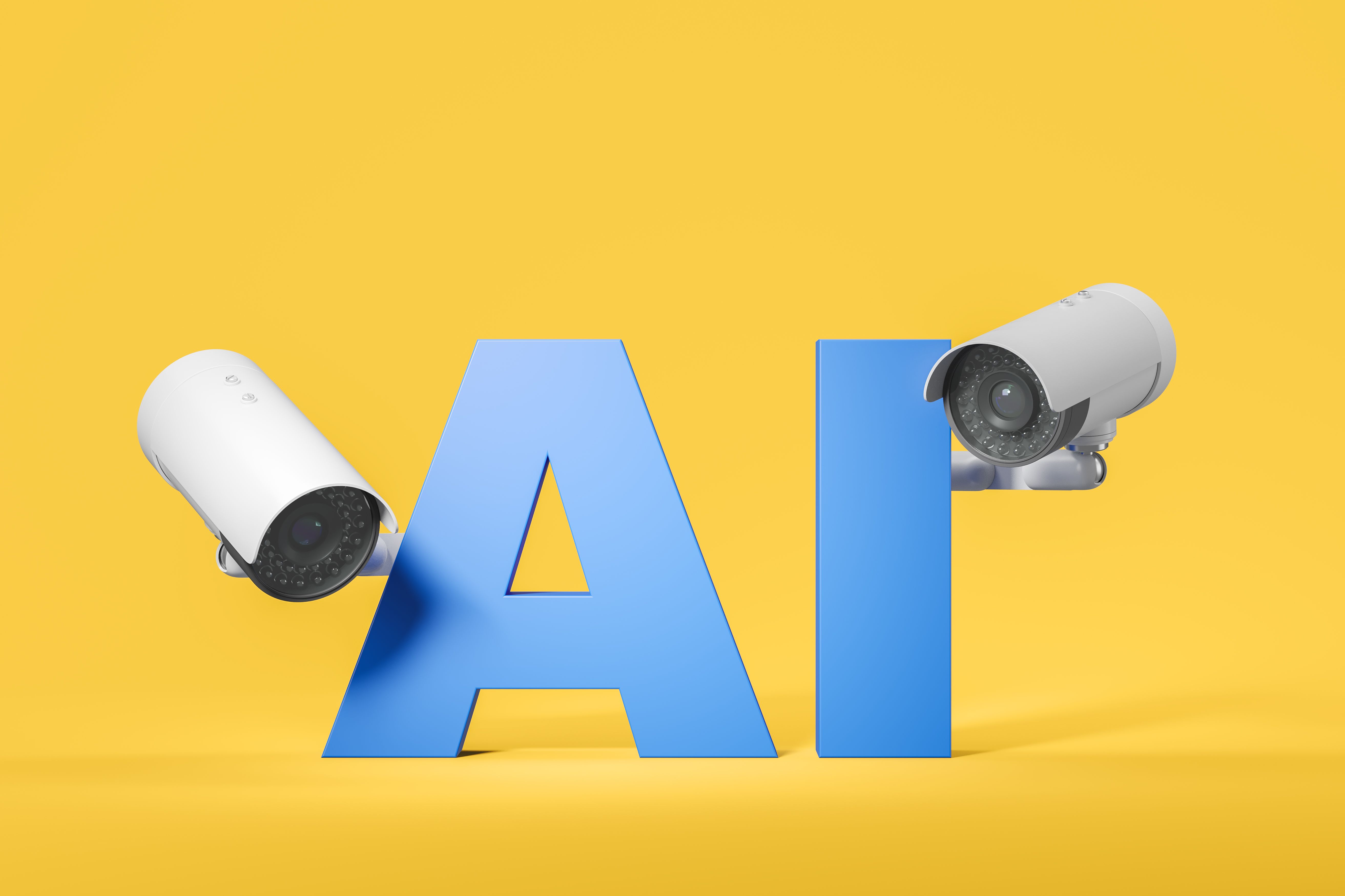 Surveillance camera monitoring on yellow background, AI security and control