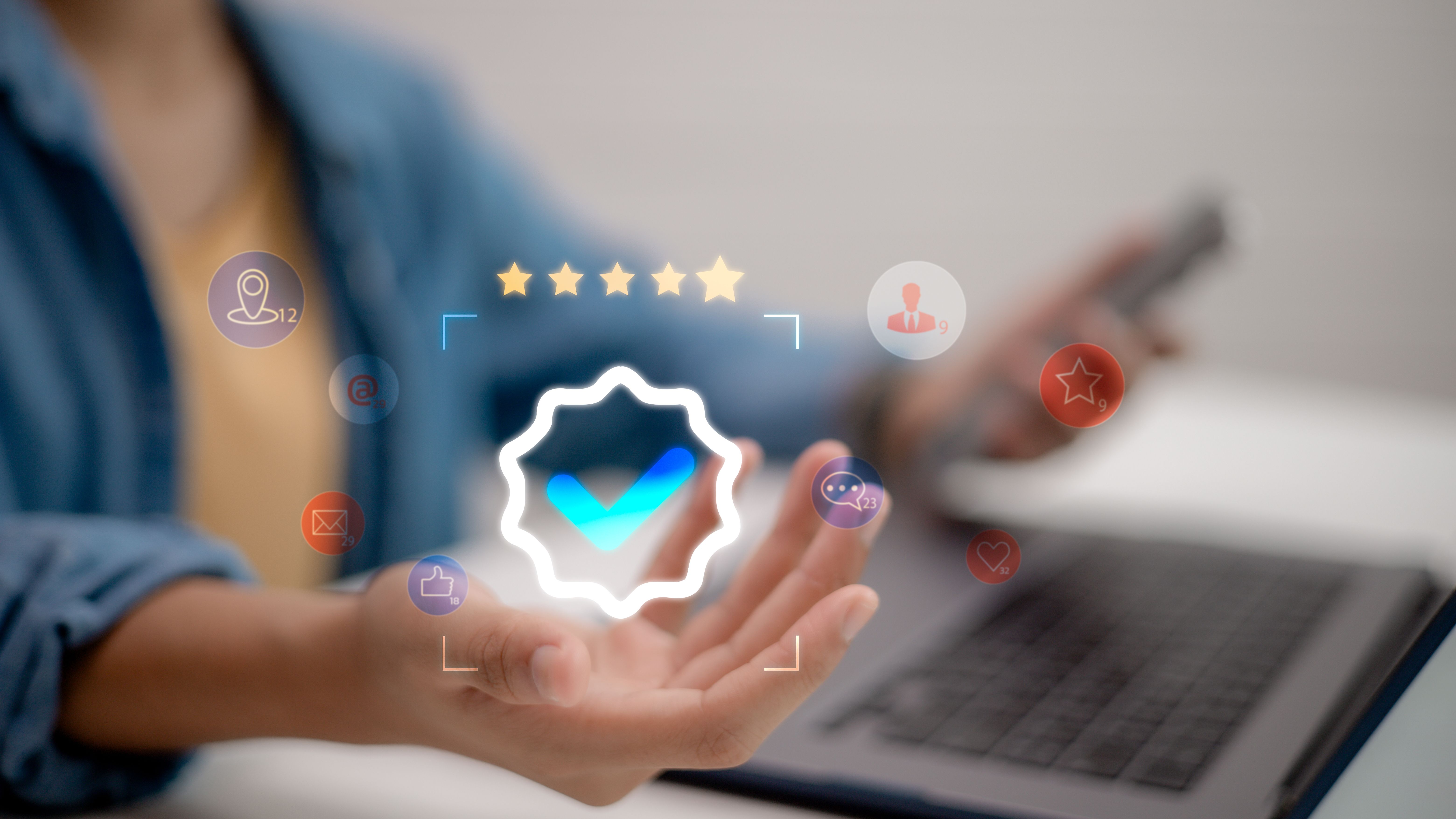 Verified badge and five star online review with digital trust and social media engagement concept. Modern customer feedback system showing reputation, credibility, and business satisfaction.